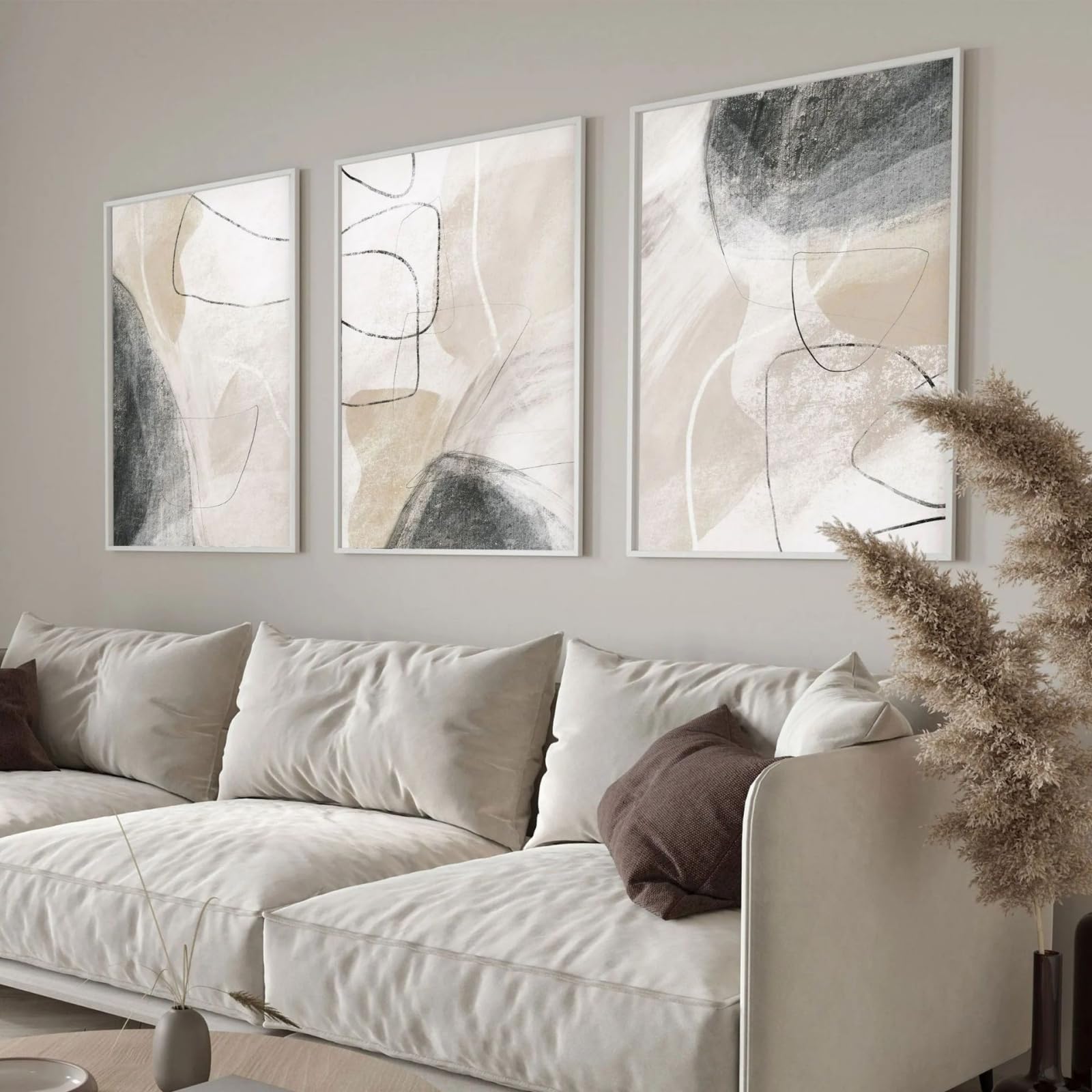 JORCEDI Abstract Watercolour Canvas Wall Art Set of 3, Beige Grey Black Boho Minimalist Line Posters Prints for Living Room Bedroom Decor, 21x30-50x70cm, Unframed (21x30 cm,A)