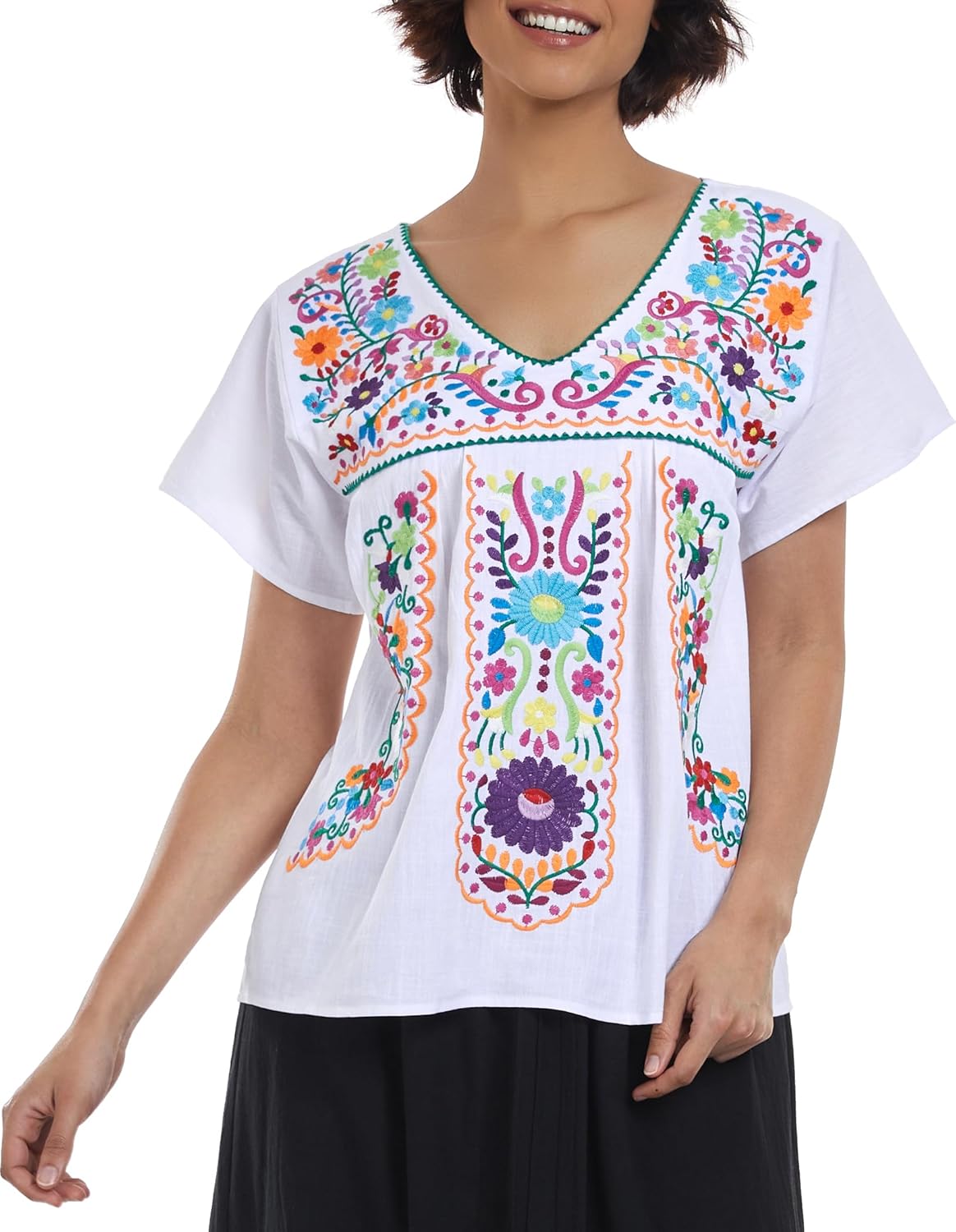 YZXDORWJ Women's Mexican V Neck Top Peasant Embroidered Blouse Traditional Summer Short Sleeve Shirt - Image 5
