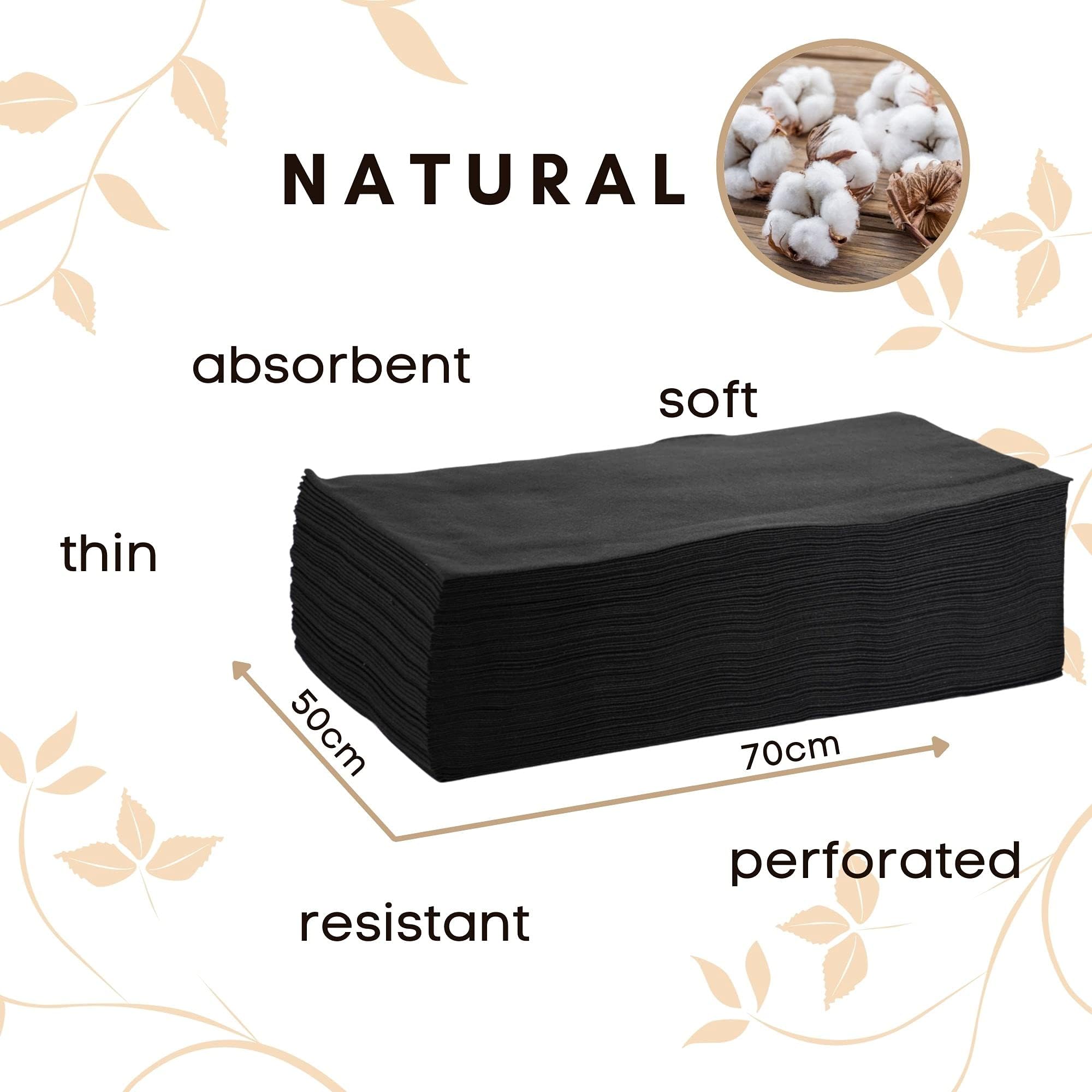 Serviettes Jetables 70x50cm - Grand - Noir - 100 Pièces - Perforé - Absorbant - en Tissu Non Tissé Doux - pour Studio De Cosmétique, Manucure, Sauna, Spa - Plié