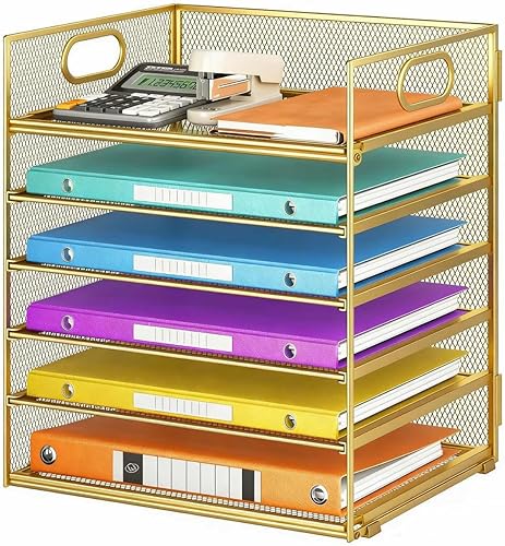 Vista 18 de Organizador de Papel de 6 Bandejas Bandeja de Cartas con Asa - Organizador de Archivos de Escritorio de Malla, Organizador Clasificador de Papel 6