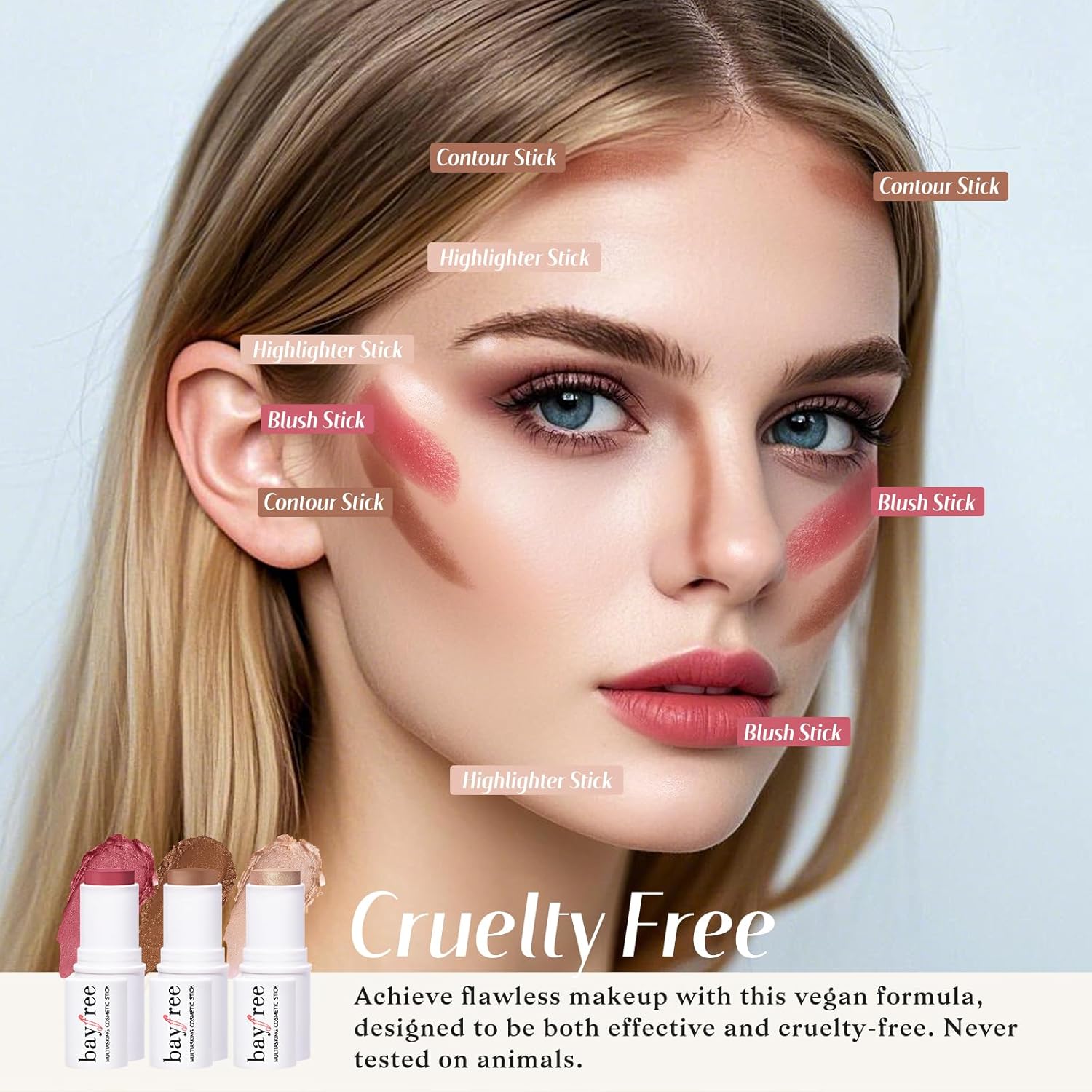 KIMUSE Face Sticks Trio, Cream Blush Stick & Highlighter Stick & Contour Stick for Sculpt the Cheeks, Long Lasting Cream Contour Stick Trio for Face Makeup, with Brush - Image 6