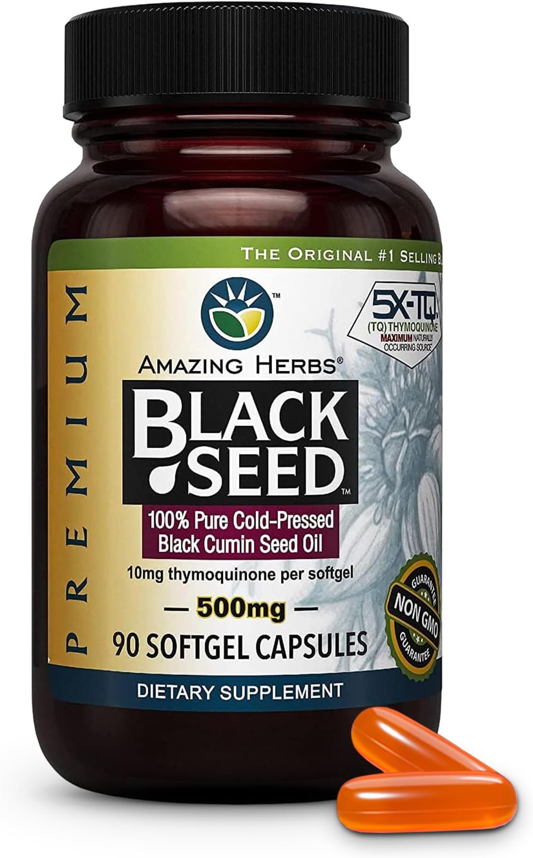 Amazing Herbs Premium Black Seed Oil - 90 Count Softgels, 500mg