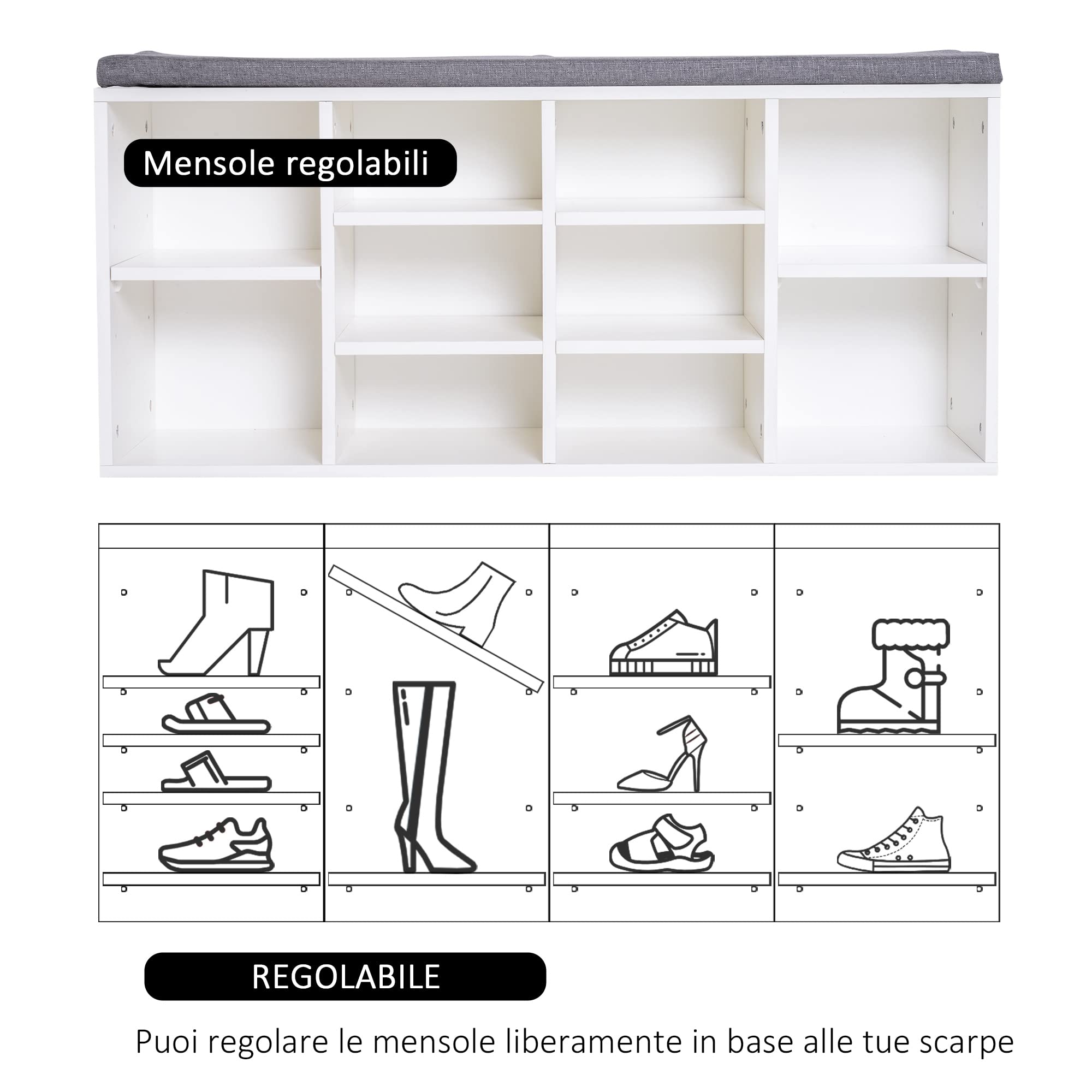 HOMCOM Scarpiera Panchina 8-10 Paia di Scarpe Bianco 104 x 30 x 48 cm | Scarpiera Bassa E Lunga, Ripiani Regolabili, Legno