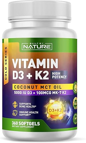 Built by Nature Vitamina D3 K2 5000 UI + 100 mcg MK-7  Extra fuerza, alta absorción  Apoyo óseo, corazón e inmunológico  Aceite de coco MCT  Sin OMG