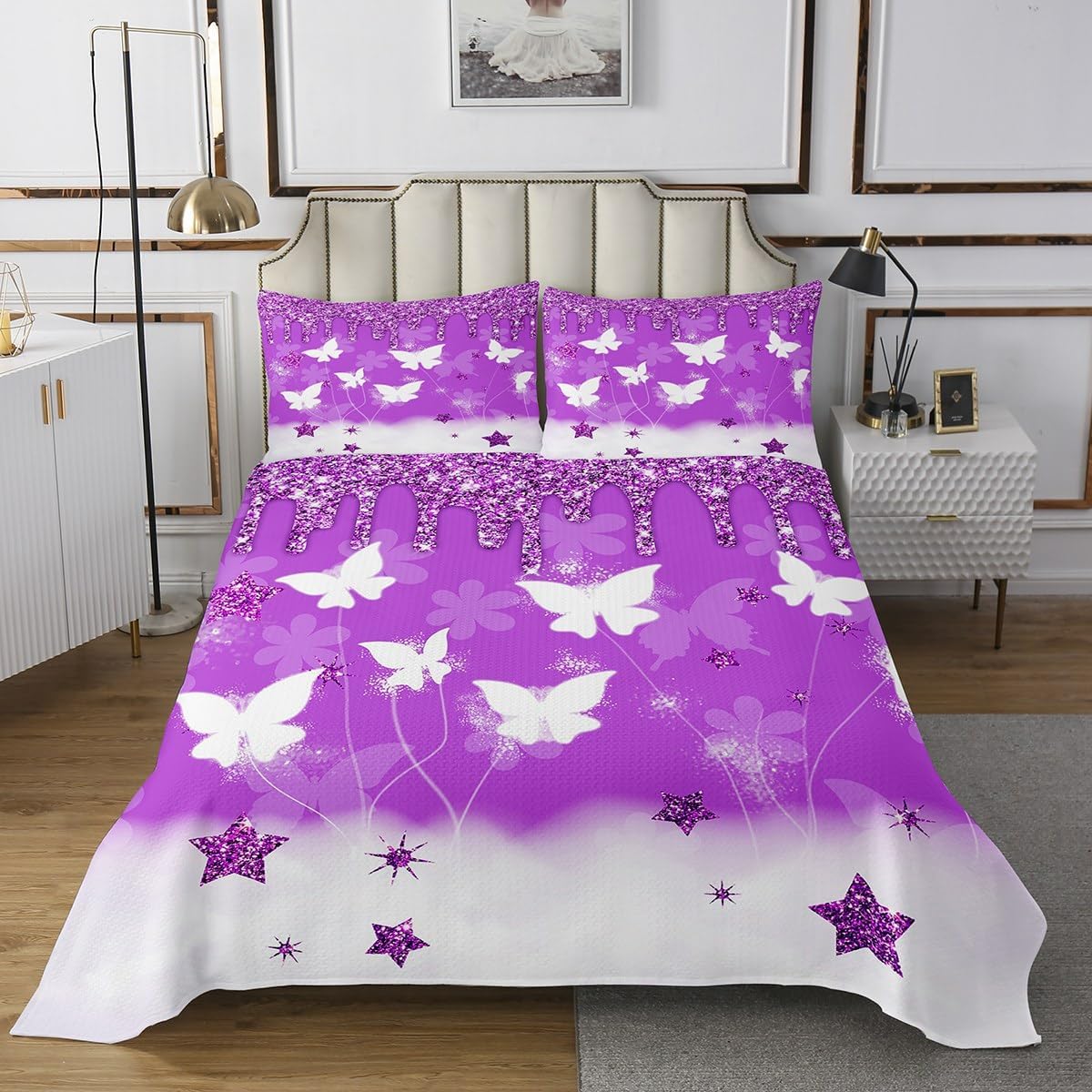 Feelyou Purple Glitter Print Bedspread Twin Size Butterfly Coverlet Set Tie Dye Print Quilt Set Star Decor Bedding Collection for Boys Girls Kids Adults
