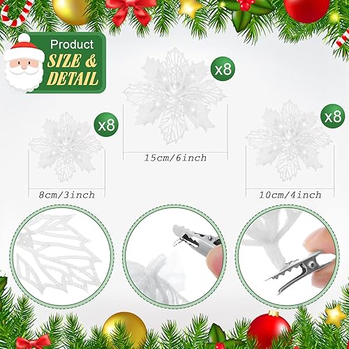 Miniatura 2 de Juinte 48 adornos para árbol de Navidad, 24 flores de pascua de Navidad (346 pulgadas), 24 varillas artificiales de purpurina con tallos de bayas