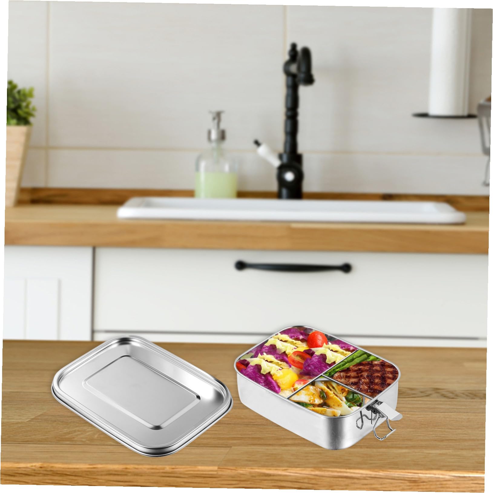 Fiambrera Portátil de Acero Inoxidable de 1,2l con 3 Compartimentos, Diseño Fácil de Limpiar y Buen Sellado para Picnic y Uso en Casa