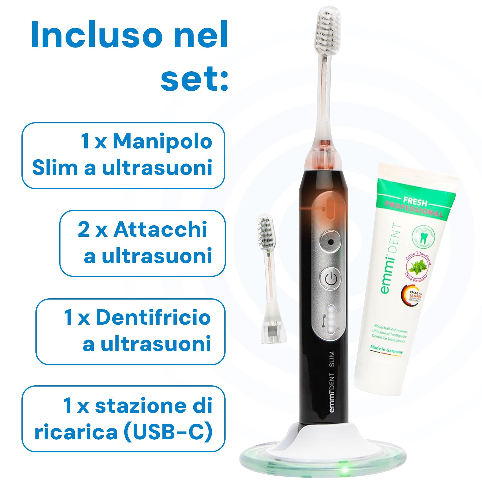 emmi-dent Spazzolino da denti ultrasonico Slim – 96 milioni di vibrazioni/minuto – Spazzolino elettrico 3 modalità di pulizia, testina intelligente e stazione di ricarica – Pulizia delicata dei denti
