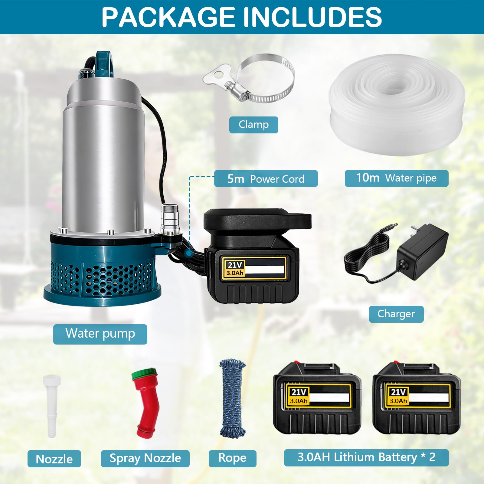 Bomba Sumergible, 5000 L/H Bomba de Agua Sumergible a Batería con Manguera de 10m, Cable de Conexión de 5m,Batería de 21V y Cargador, Ideal para Piscina, Cama de Agua, Riego de Jardines
