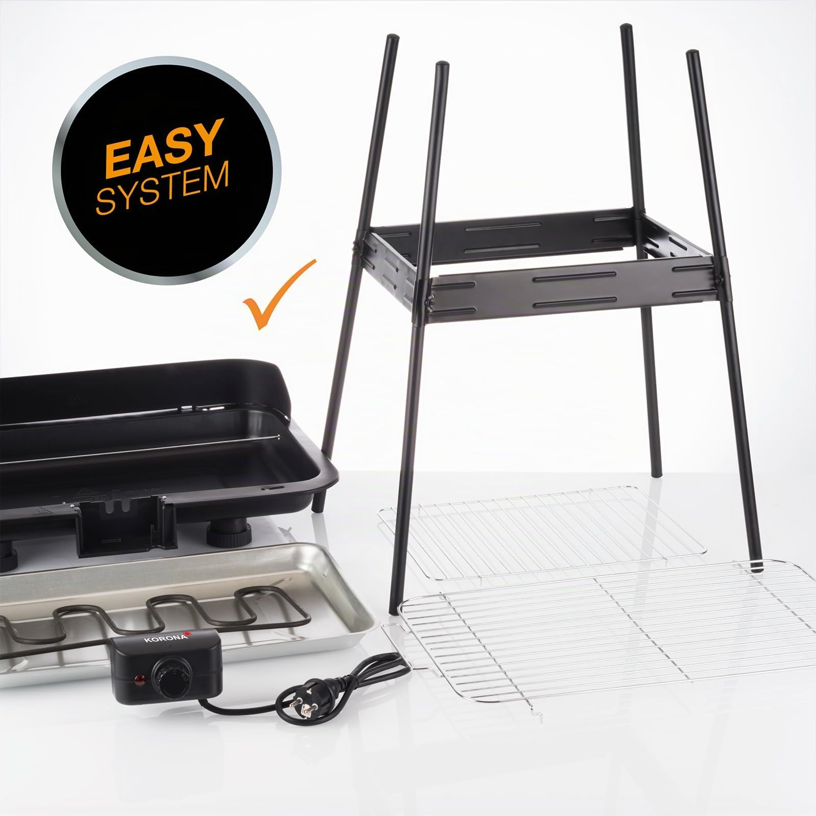 Korona 46221 Parrilla eléctrica de pie con parrilla XXL (51 x 30 cm) / 2200 W/cortavientos/luz indicadora/interruptor de seguridad/ajuste de temperatura continuo