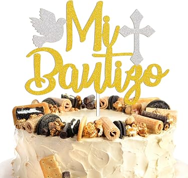Mi Bautizo Cake Topper - Religious God Bless Cake Decorations, Christening Baby Shower Cake Topper, Cross First Holy Communion Baptism Cake Decorations Gold Glitter