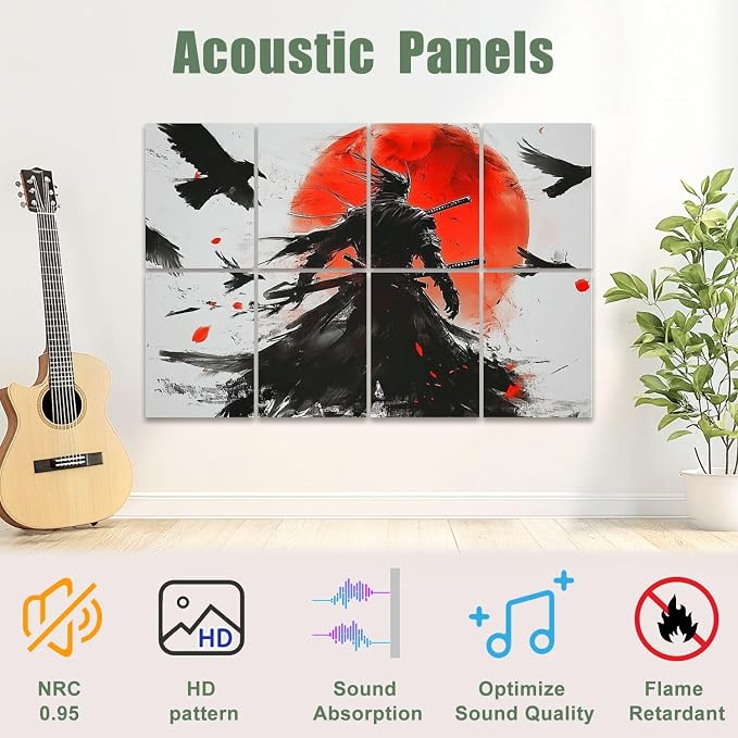 Paneles Acústicos Decorativos Artísticos 8 Pack Crows Samurai Oscuros para Aislamiento Sonoro, 48"x32", Autoadhesivos para Estudios y Oficinas miniatura 3