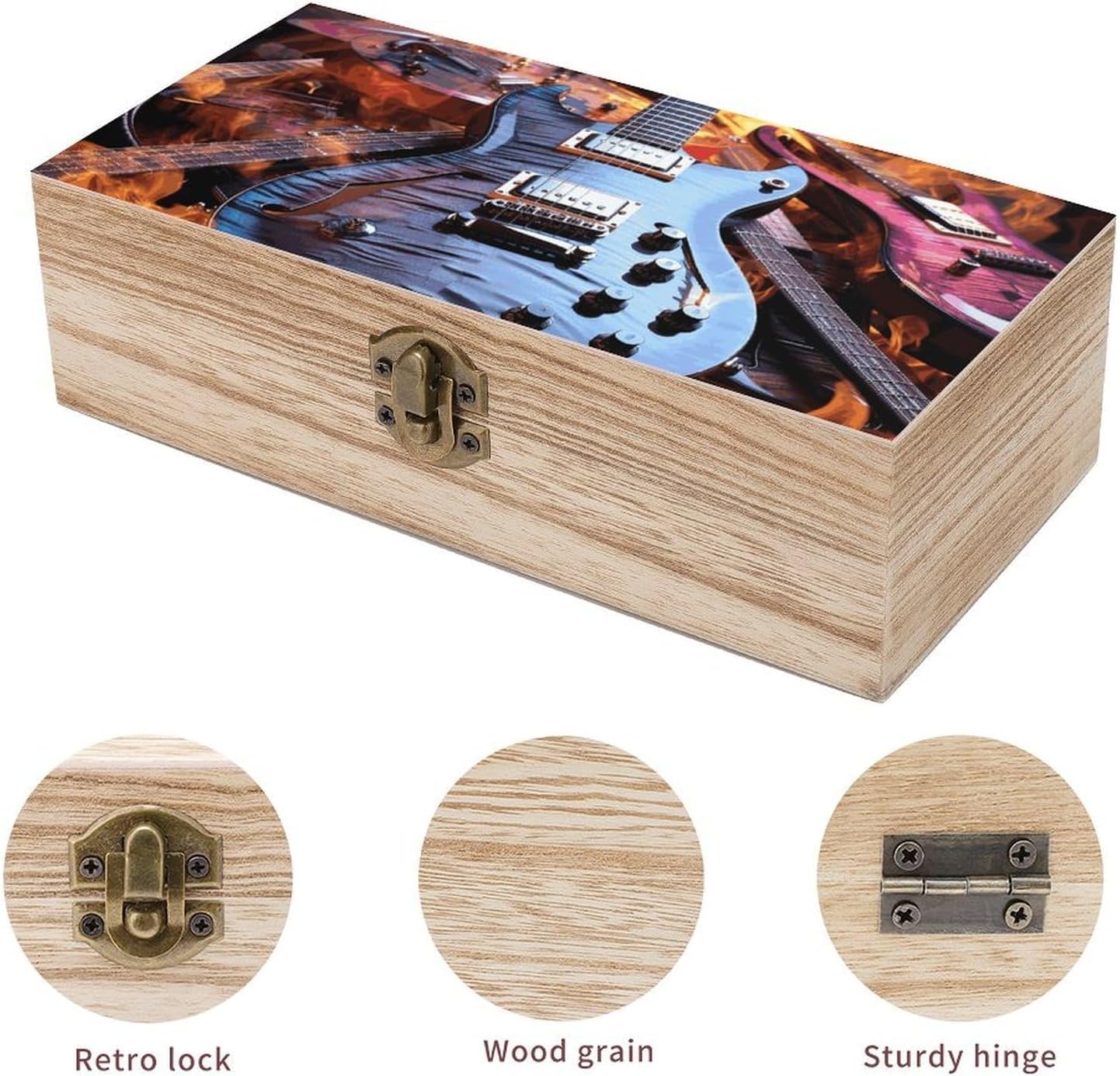 Small Wooden Storage Box with Lid - 7.9x3.9x2.3 Inch Magic Electric Guitar Music Jewelry Box Vintage Keepsake Boxes Portable Jewelry Organizer Wood Trinket Box for Photos, Letters, Gifts image 3