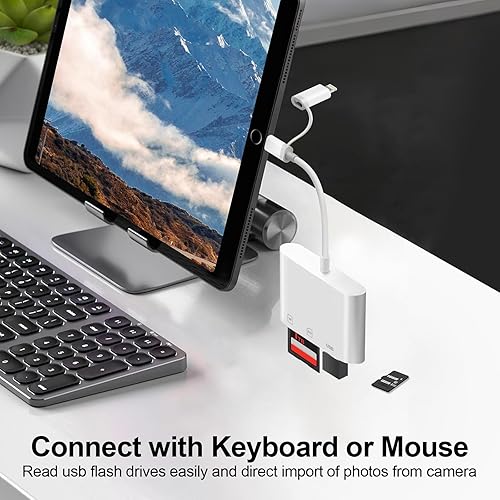 Vista 6 de Lector de Tarjetas SD Denlane para iPhone iPad Mac, Lector de Tarjetas de Memoria con Interfaz Dual USB C y Lightning, Adaptador de Cámara Digital a