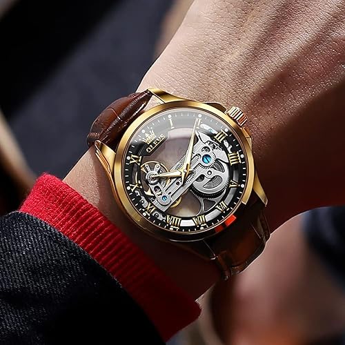 Miniatura 5 de OLEVS Relojes de esqueleto para hombre, automático, mecánico, de lujo, de cuero, impermeable, luminoso, reloj de pulsera para hombre
