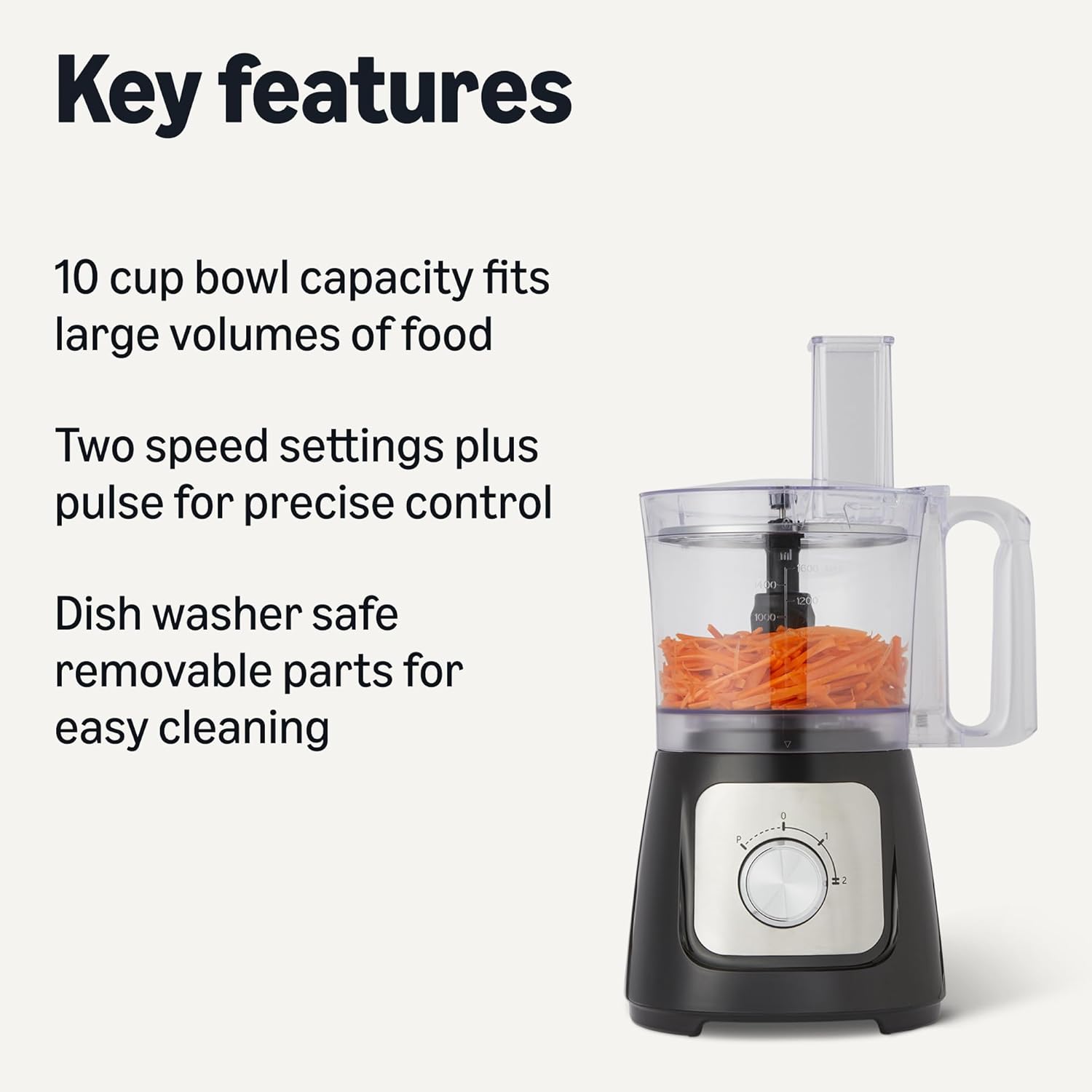 amazon basics food processor and vegetable chopper, 10 cup bowl, 2-speed, 500 watt motor, black