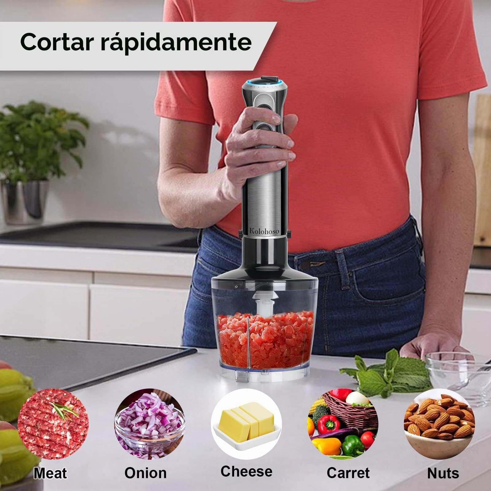 1500W Batidora de Mano, 4 in 1 Minipimer con 20 Velocidades y TRUBO botón | Batidora Picadora, 4 Hojas de Acero Inoxidable incluye 600ml Vaso Medidor, Batidor de Huevos, 500ml Picadora