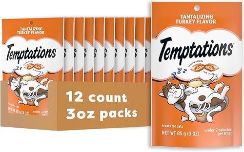 Temptations Golosinas para gatos, golosinas clásicas crujientes y suaves para gatos, sabor tentador a pavo, bolsa de 3 onzas (paquete de 12)