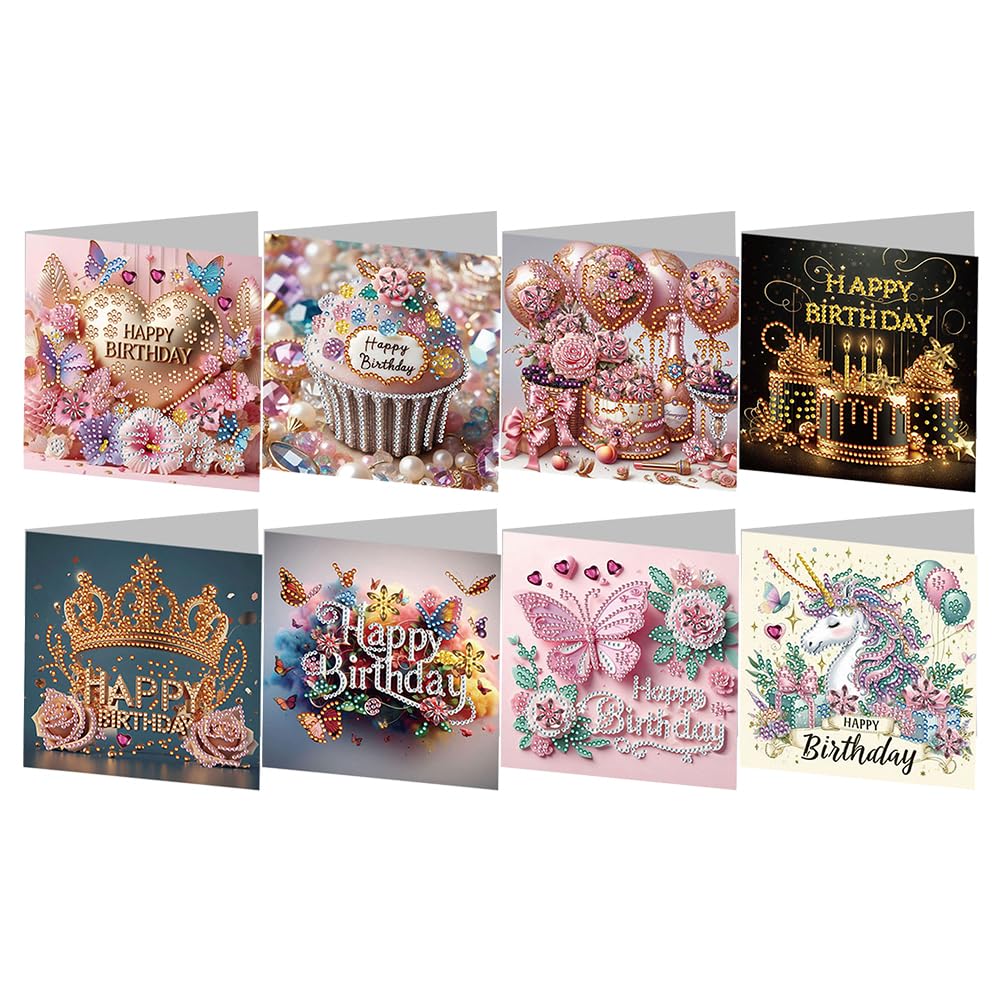 RuiDay 5D DIY Diamond Art Christmas Cards, 2025 New Diamond Art Cards with Christmas Elements, 6/8/12Pcs Christmas Cards, Christmas Diamond Art Greeting Festival Postcards (Birthday 8pcs)