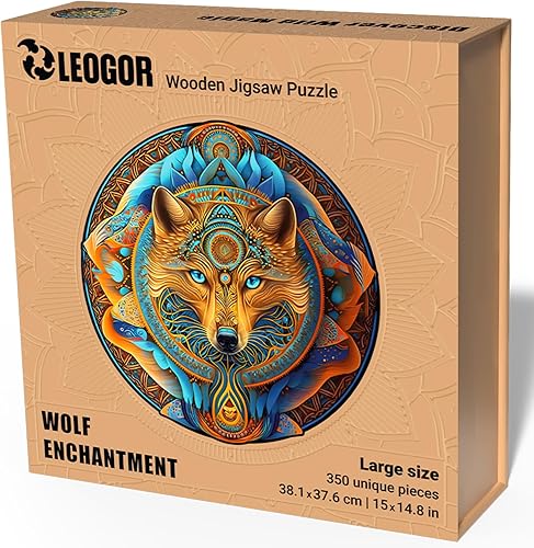 Miniatura 7 de LEOGOR Rompecabezas grande de madera para adultos  Lobo  (350 piezas, 15 x 14.8 pulgadas)  Mandala redondo inspirado en la naturaleza  Coloridas