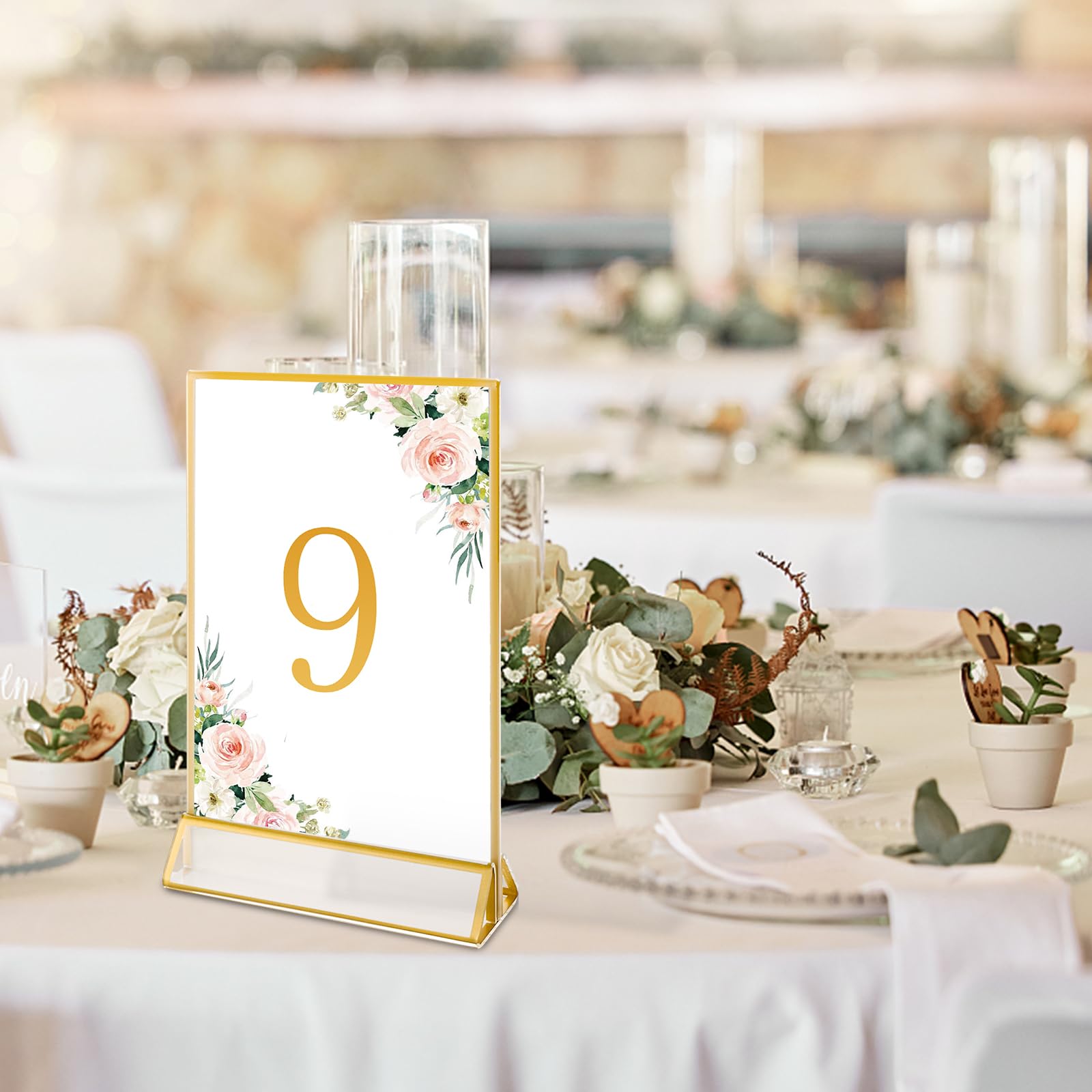 Lot de 12 présentoirs de table A5, 10 x 15 cm, en acrylique, double face, dorés, support en T, cadre doré pour présentation des deux côtés, mariage, restaurants