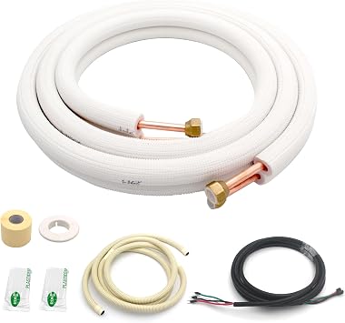 TAUROX 16FT Mini Split Line Set 1/4" & 3/8" O.D Copper Pipes Tubing and 3/8" White Thickened PE Insulation Coil, for Mini Split Air Conditioning or Heating Pump Equipment and HVAC with Flared Nuts.