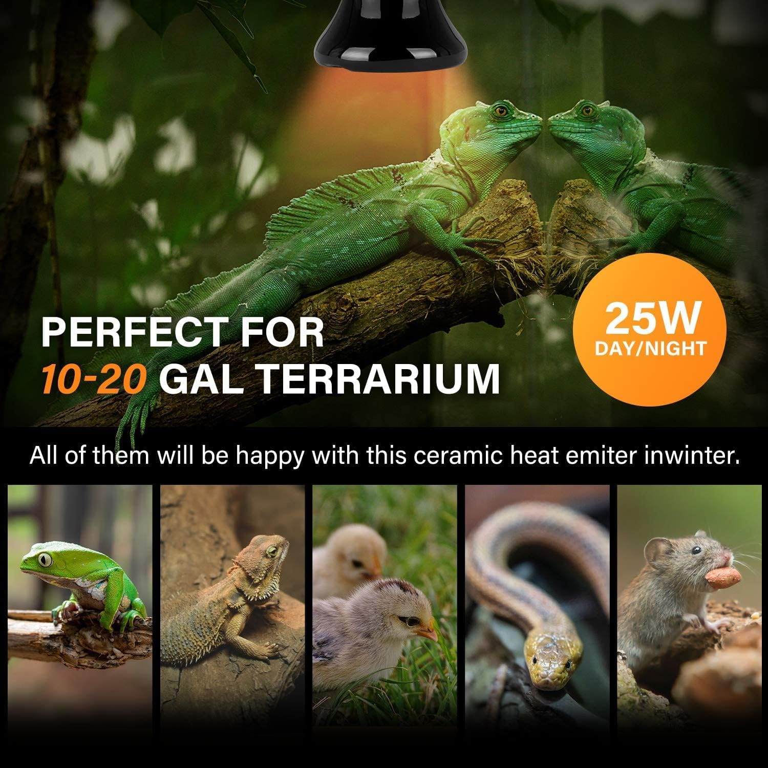 HealSmart Reptile Mini Heat Lamp 25W/50W Ceramic Heat Emitter, No Light Emitting Infrared Heat Bulbs for Amphibian Pet Brooder Coop Incubating Chicken