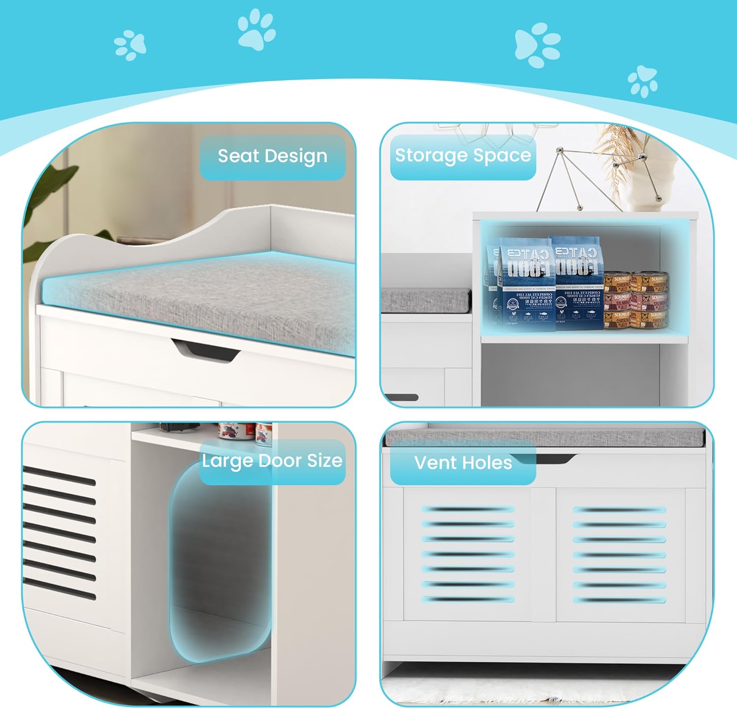 Litter Box Enclosure, Litter Box Furniture,Multifunctional White Storage Bench with Compartments Hidden Litter Box,Enclosed Cat Litter Boxes Wooden Cat House Pet Supplies Storage
