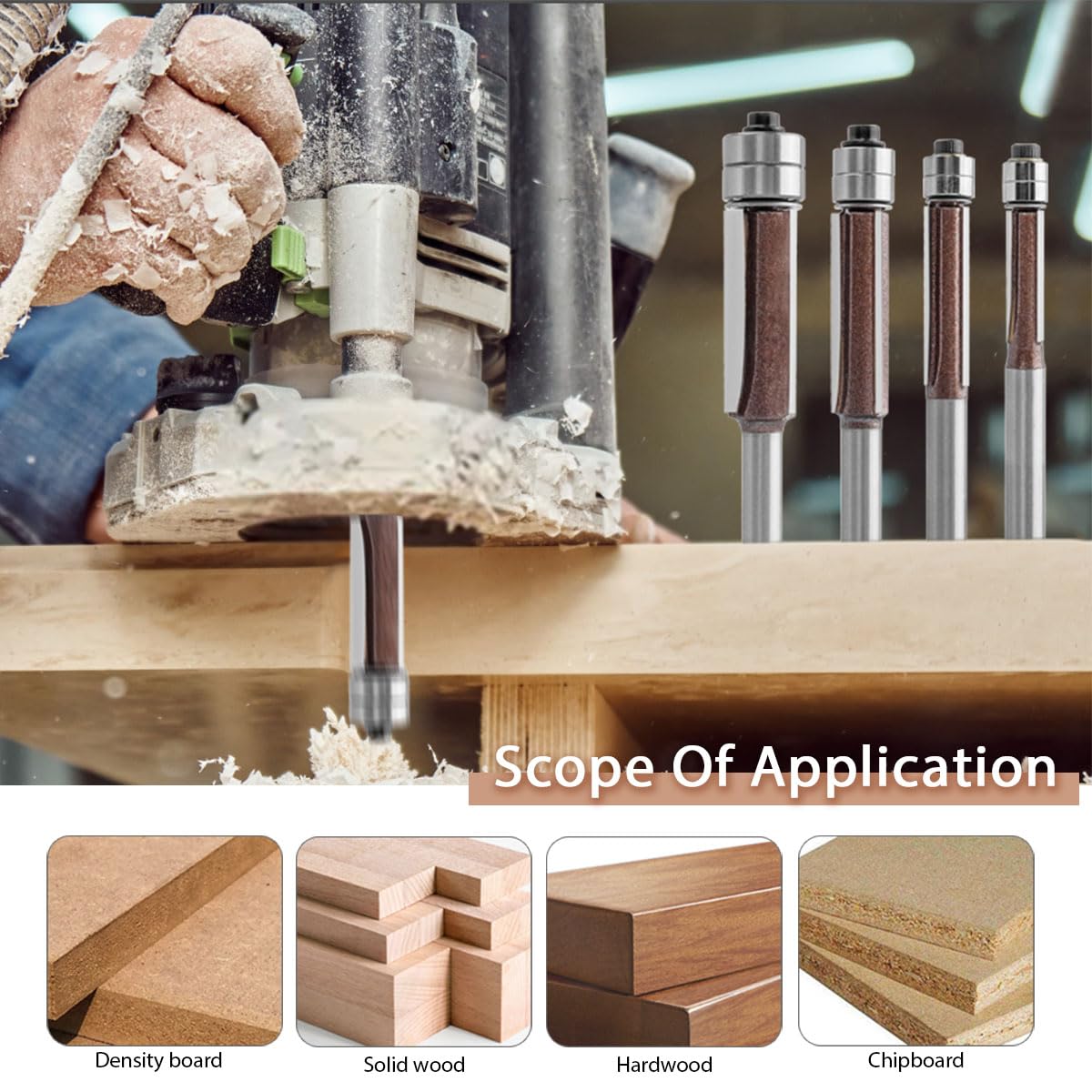 4 Pcs Flush Trim Router Bits Set 1/4 Inch Shank, Top Bearing 3-Flute Flush Trim Bit with Cutting Diameters of 1/4", 5/16", 3/8", 1/2" for MDF, Hardwood, Plywood
