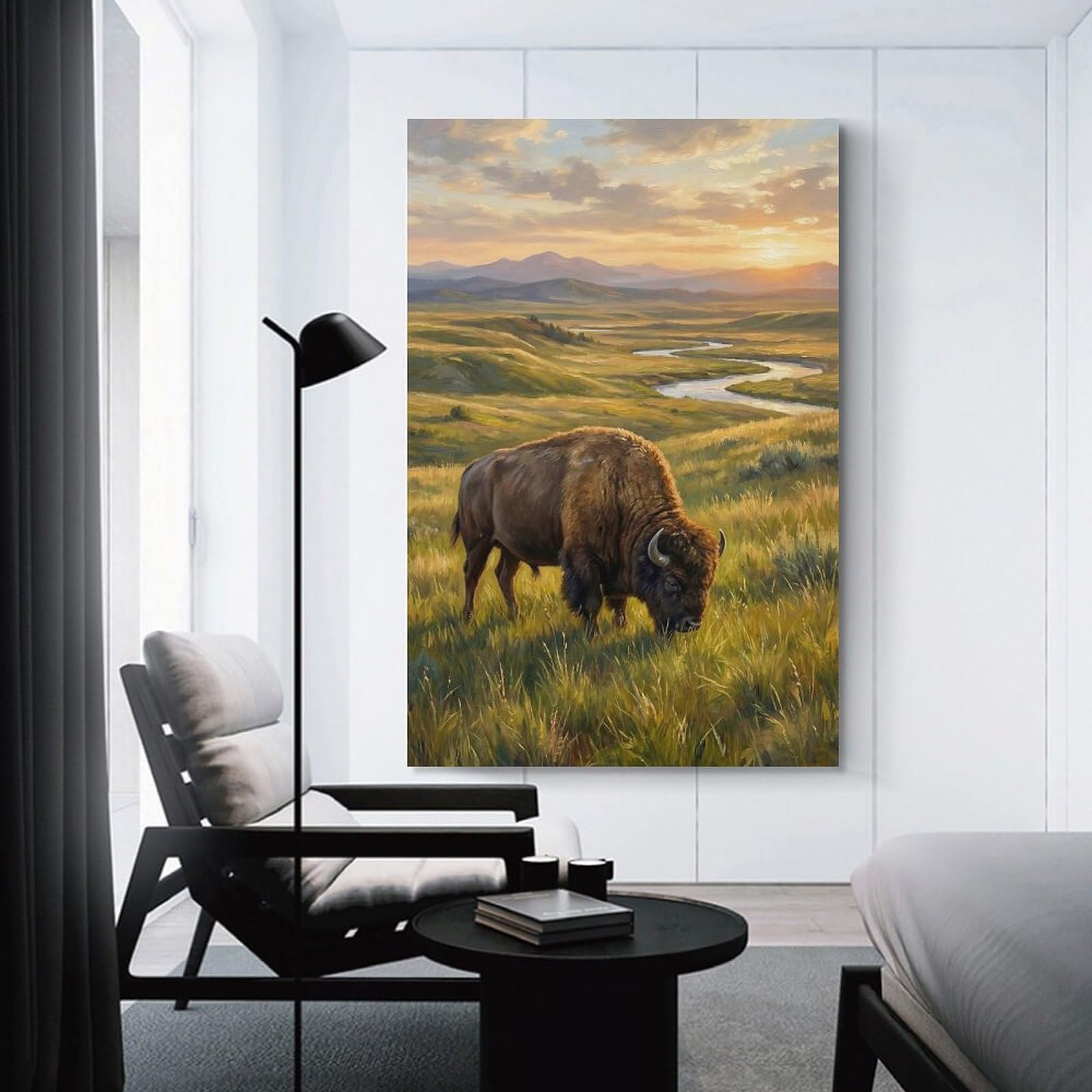 Junmoney Bison Grazing at Sunset Painting Home Decor Wall Art 24x36inch(60x90cm), for Home, Office, Studio Or Guest Room, Canvas Wall Art That Fits Changing Layouts