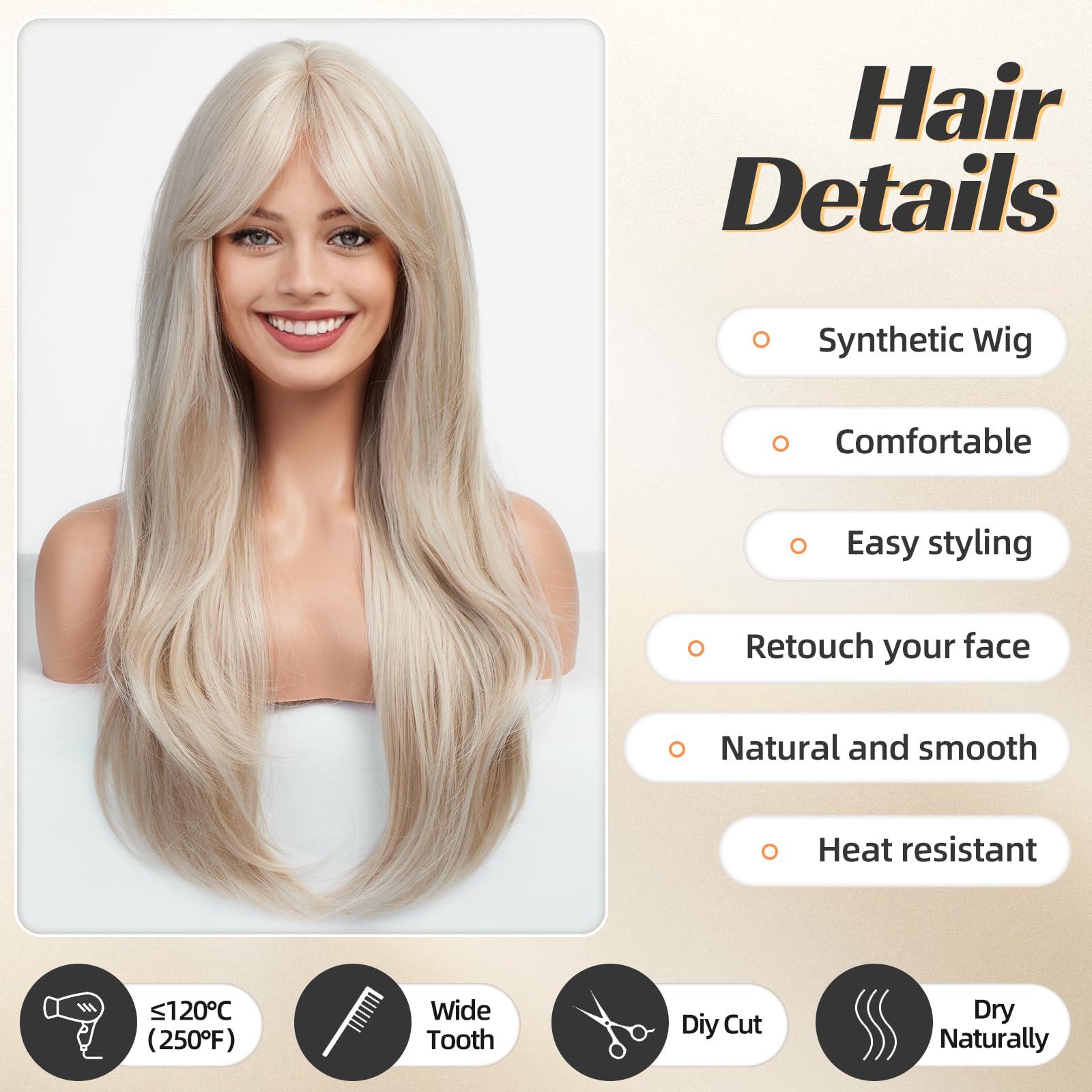 HARICUBE Wigs for Women - Long Curly/Wave Wigs with Bangs Natural Synthetic Heat Resistant (Blonde), 25 cm x 3 cm - Image 2