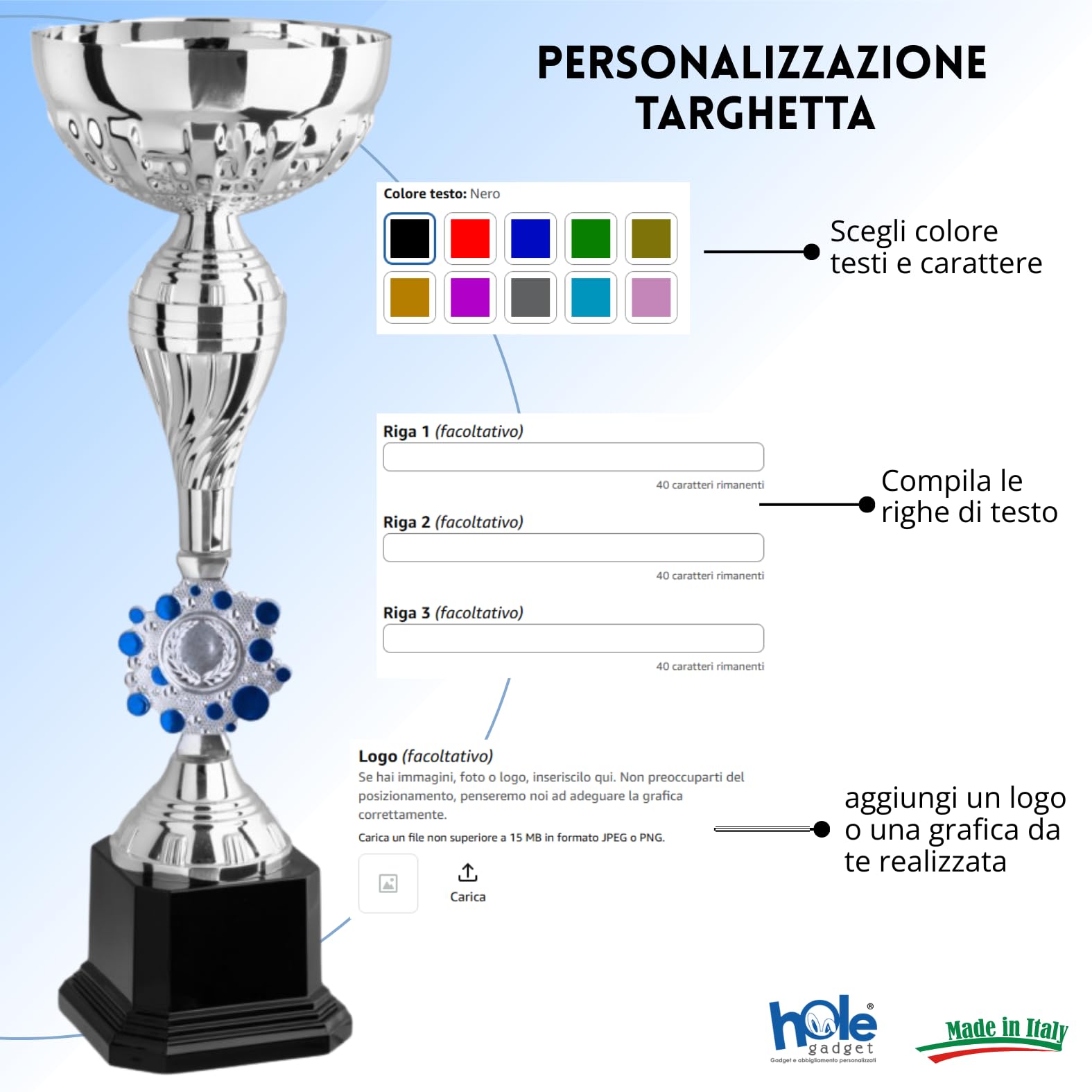 Coppa Trofeo Personalizzabile 38, 35, 31 cm Singolo o Tris per Tutti Gli Sport, Calcio, Calcettto, Tennis, Basket, Padel, Fantacalcio, Concorsi, Premiazioni cod 12.291