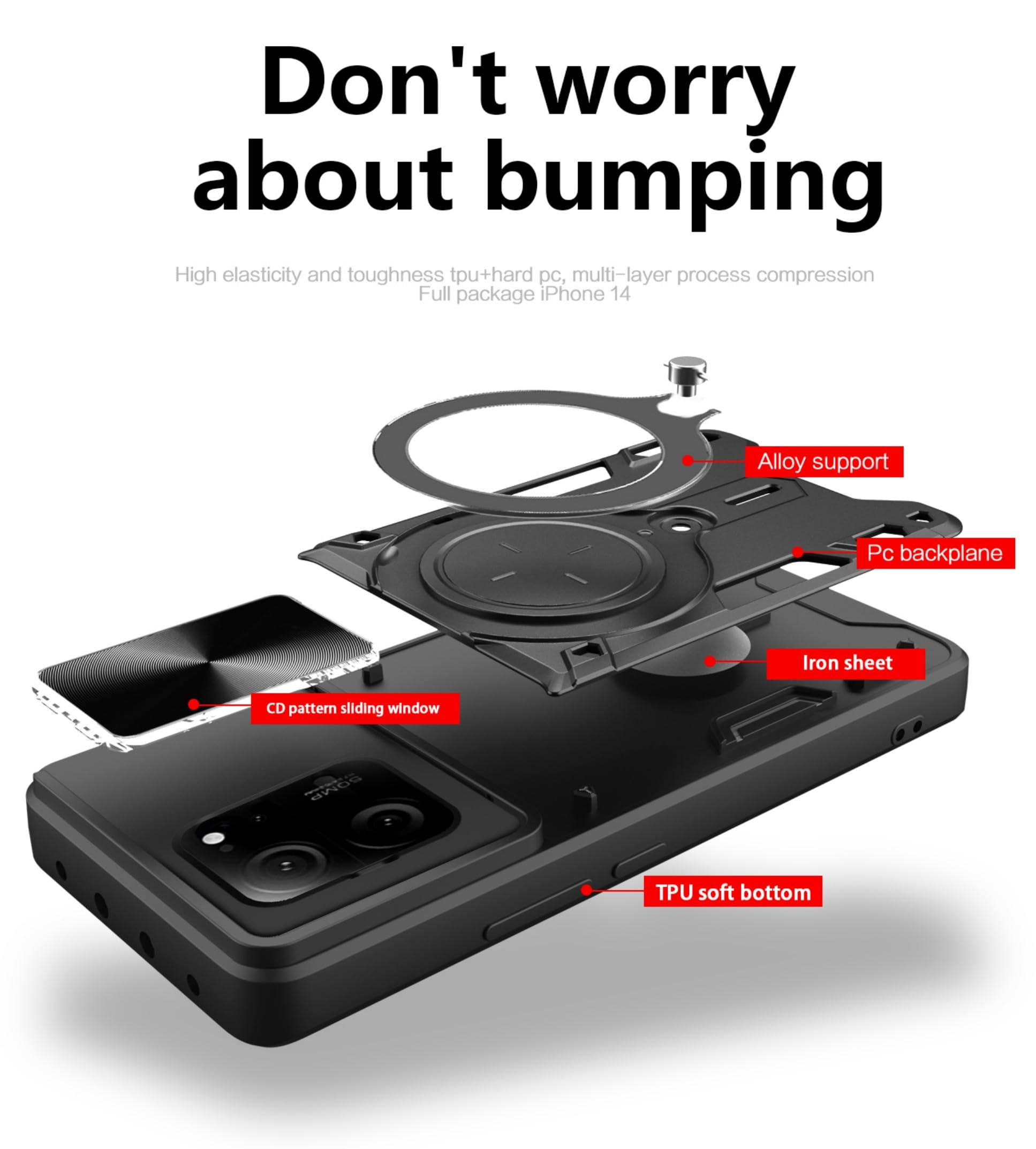 carinacoco Custodia per Xiaomi 13T/13T Pro, con custodia per fotocamera scorrevole+supporto ad anello rotante+porta carte rimovibile antigraffio grado militare antiurto robusta custodia rigida nera