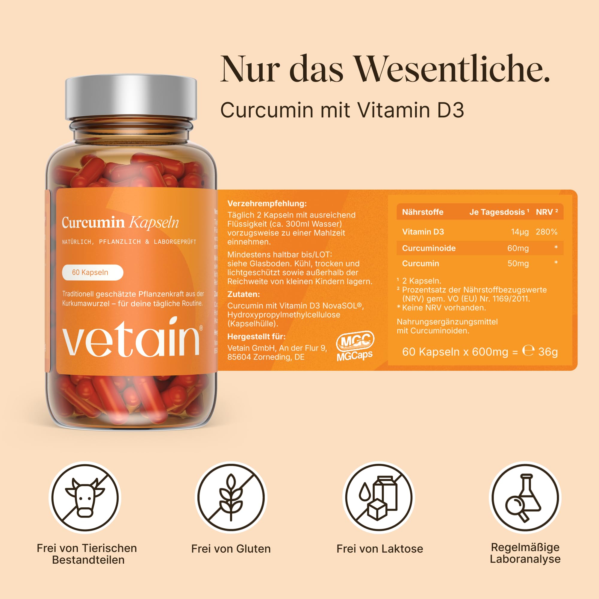 VETAIN Kurkuma Kapseln hochdosiert -185x höhere Bioverfügbarkeit - Mizell Curcumin NovaSOL + Vitamin D3 - Ohne Piperin - 60 flüssige Kapseln - Vegan & laborgeprüft