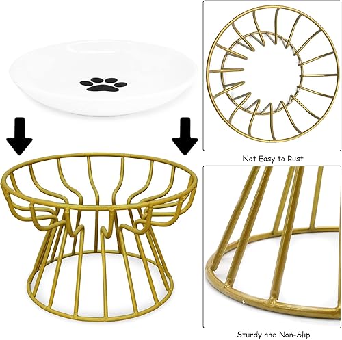 Vista 28 de BNOSDM 2 cuencos elevados de comida para gatos, platos de cerámica poco profundos para gatos con soportes de metal, comedero elevado para mascotas