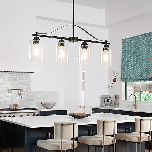 Miniatura 3 de Luz de Isla para Cocina, Candelabro Colgante Lineal de 4 Luces para Isla de Cocina, Accesorio de Luz de Comedor Negro Mate sobre Mesa con Pantallas