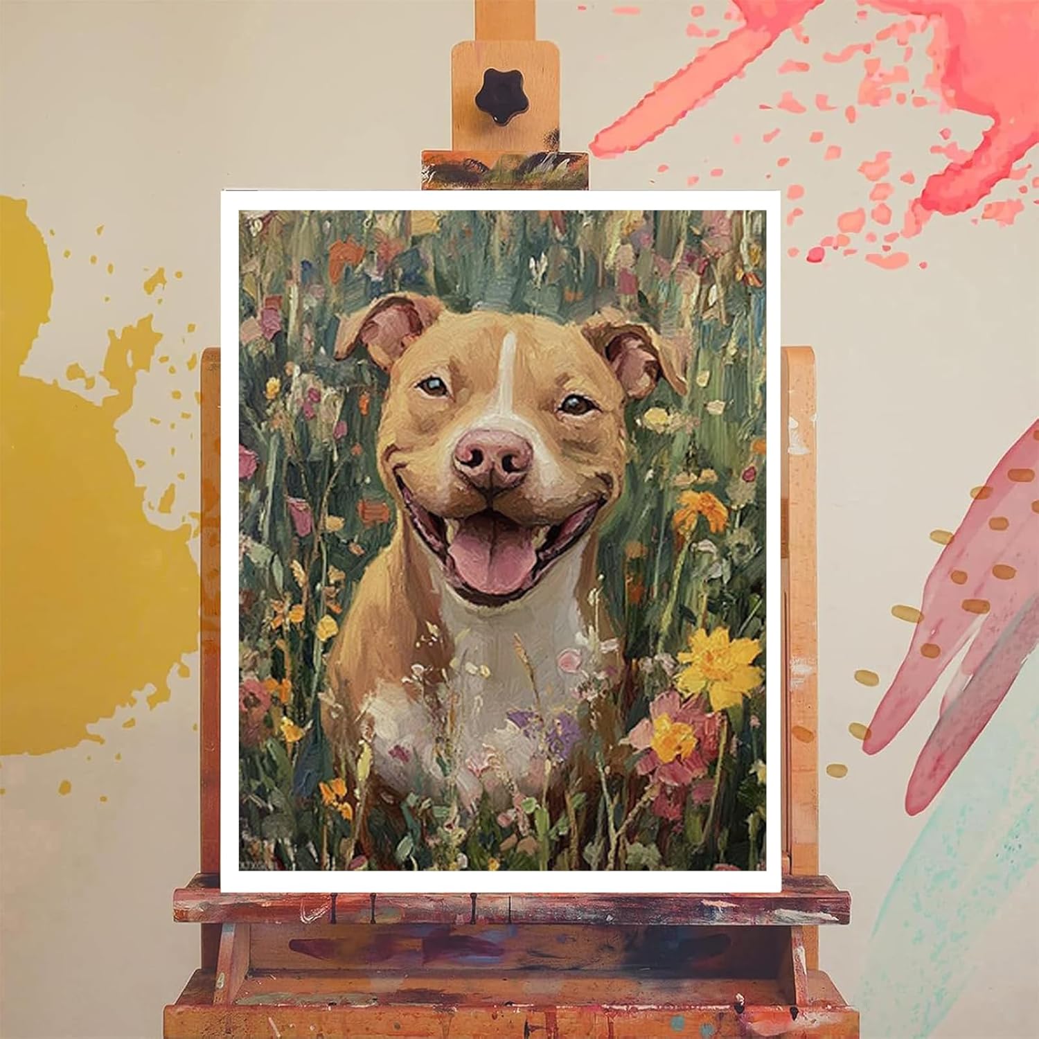 Pitbull Dog Paint by Numbers Kit for Adult, Colorful Flowers Easy DIY Paint by Numbers Kits for Beginners on Canvas, Simple Acrylic Paint by Numbers Kit Without Frame for Home Decor 16"Wx20"L