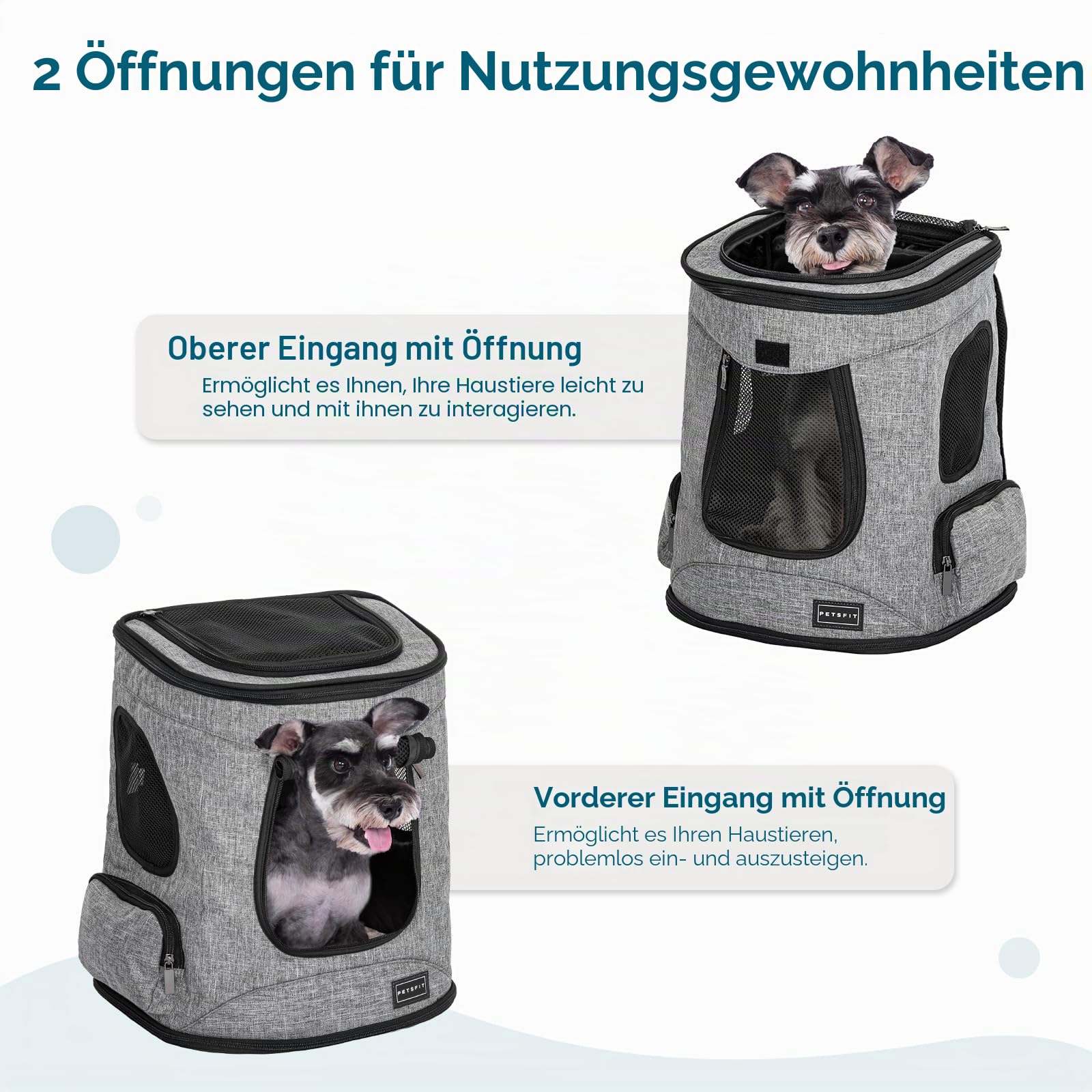 Petsfit Hunderucksack & Katzenrucksack für große Katzen bis 5kg - Leichter Katzen Rucksack mit Netzfenster, Brustgurt & Polster - Atmungsaktiver Rucksack für kleine Hunde, Grau