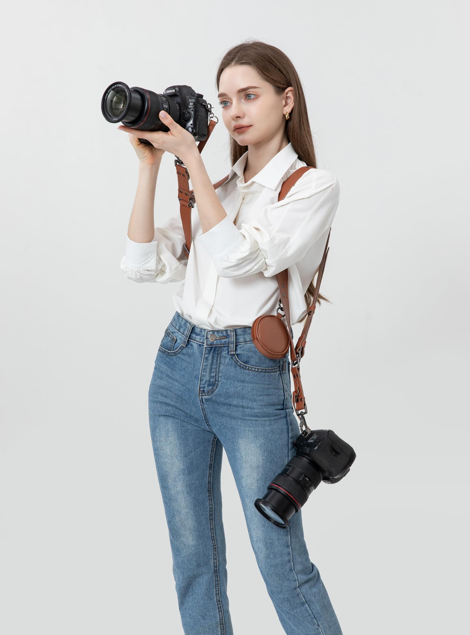 Arnés de cámara dual para 2 cámaras, correa de hombro de piel para cámara DSLR/SLR, correas para fotógrafos