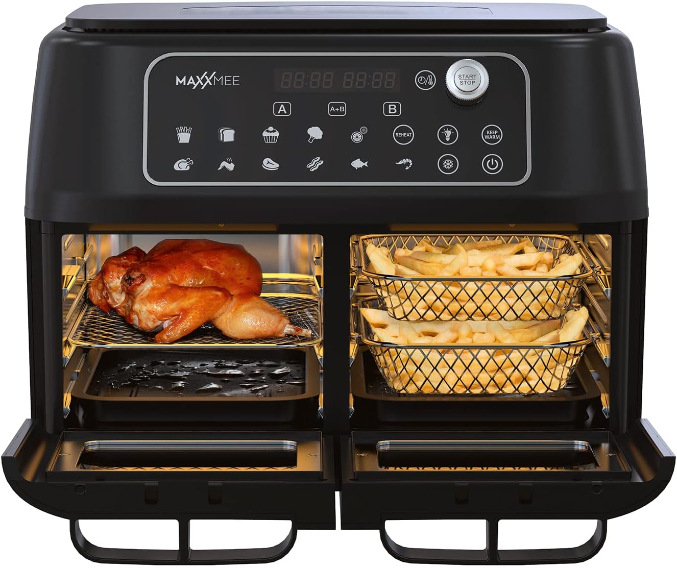 MAXXMEE Friggitrice ad aria a doppia camera digitale con ante in vetro e zone di cottura sincronizzate - 11L, nero MAXXMEE Friggitrice ad aria a doppia camera digitale con ante in vetro e zone di cottura sincronizzate - 11L, nero