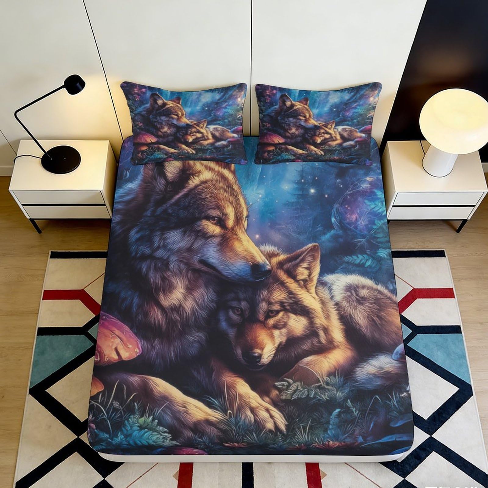 3D Printed Wolf Night Fitted Sheet Microfiber Soft Durable Forest Animal Bed Cover for Bedroom Dormitory Guest Room Mattress Protection 120x200x25cm