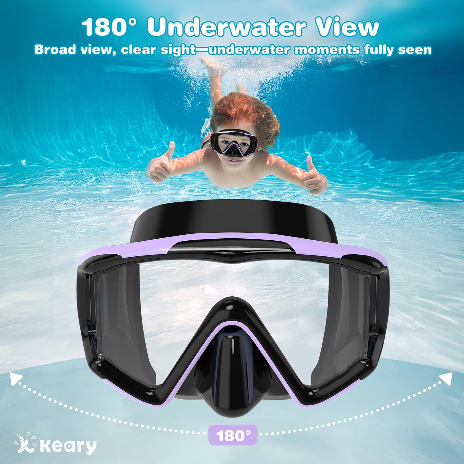 Keary Kinder-Schwimmbrille mit 3 Fenstern und Nasenabdeckung für 3–16 Jahre, Schwimmmaske für Kleinkinder, Jungen, Mädchen, Jugendliche, Anti-Beschlag-Schutz