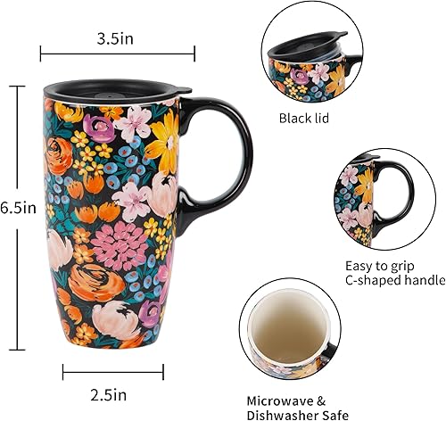 Miniatura 21 de Taza de café de viaje de cerámica con tapa para el hogar y la oficina, taza de té grande de porcelana de 17 onzas con mango de arte floral en caja