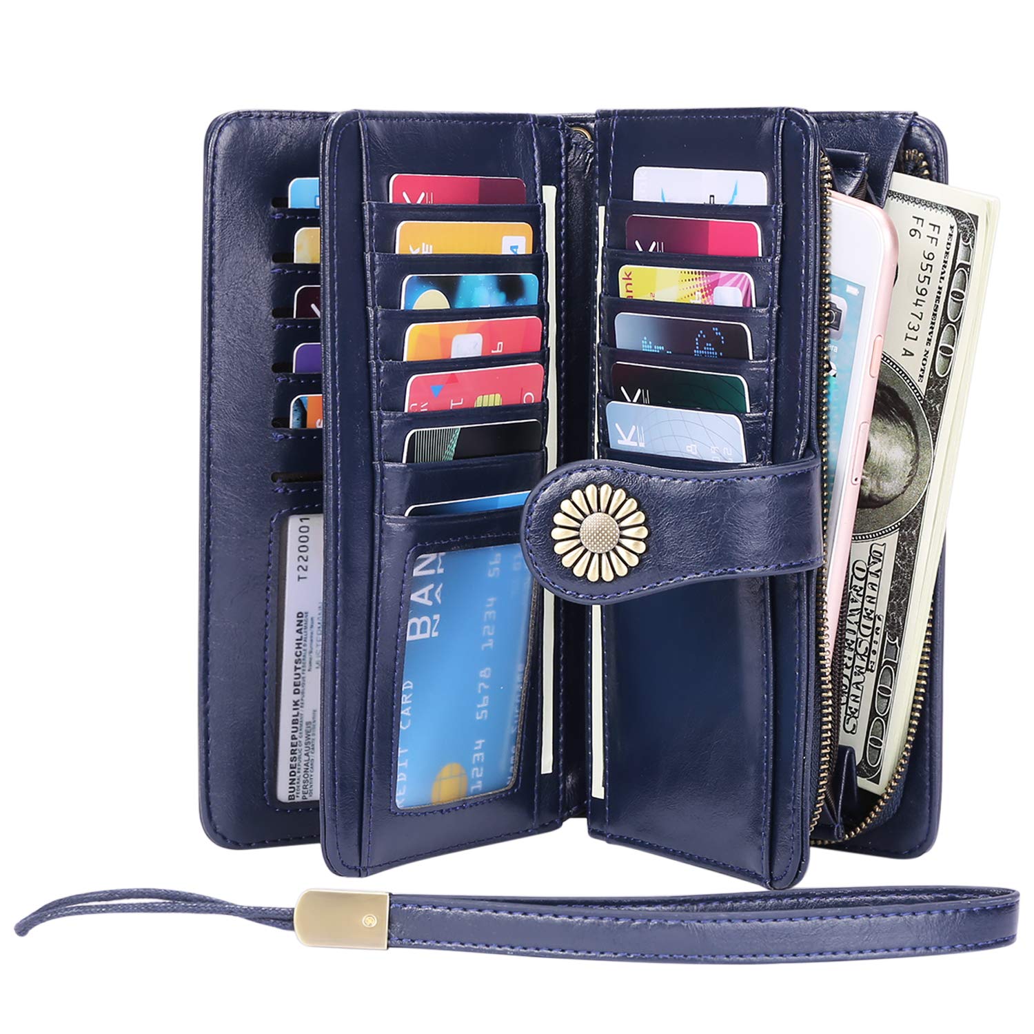 KELEEL Women's RFID Blocking Wallet Genuine Leather Clutch Wallet Card Holder Organizer Ladies Purse (Dark Blue)