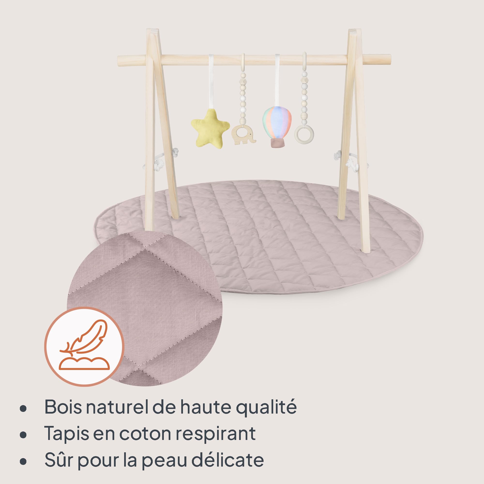 LIONELO Anis Ensemble d'éveil avec arche de jeu pliable en bois et jouets détachables, grand tapis d'éveil en coton de 100 cm, doux et antidérapant (2 cm d'épaisseur), tapis d'éveil