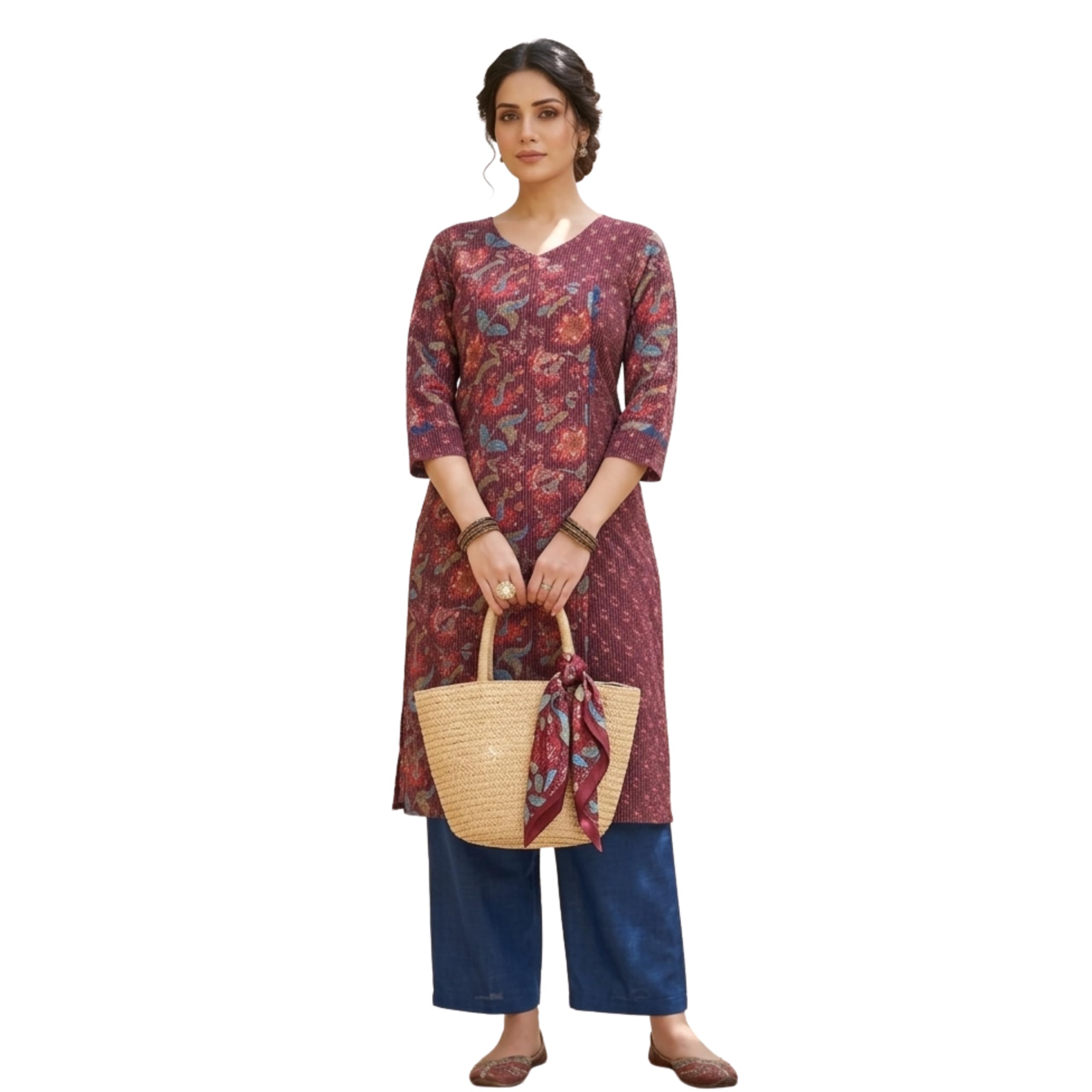 Women's Cotton Angrakha Style Floral Print Kurta with Straight Pant Set | 2 Piece Ethnic Suit with Pocket for Office, Daily & Summer Wear-picture-45