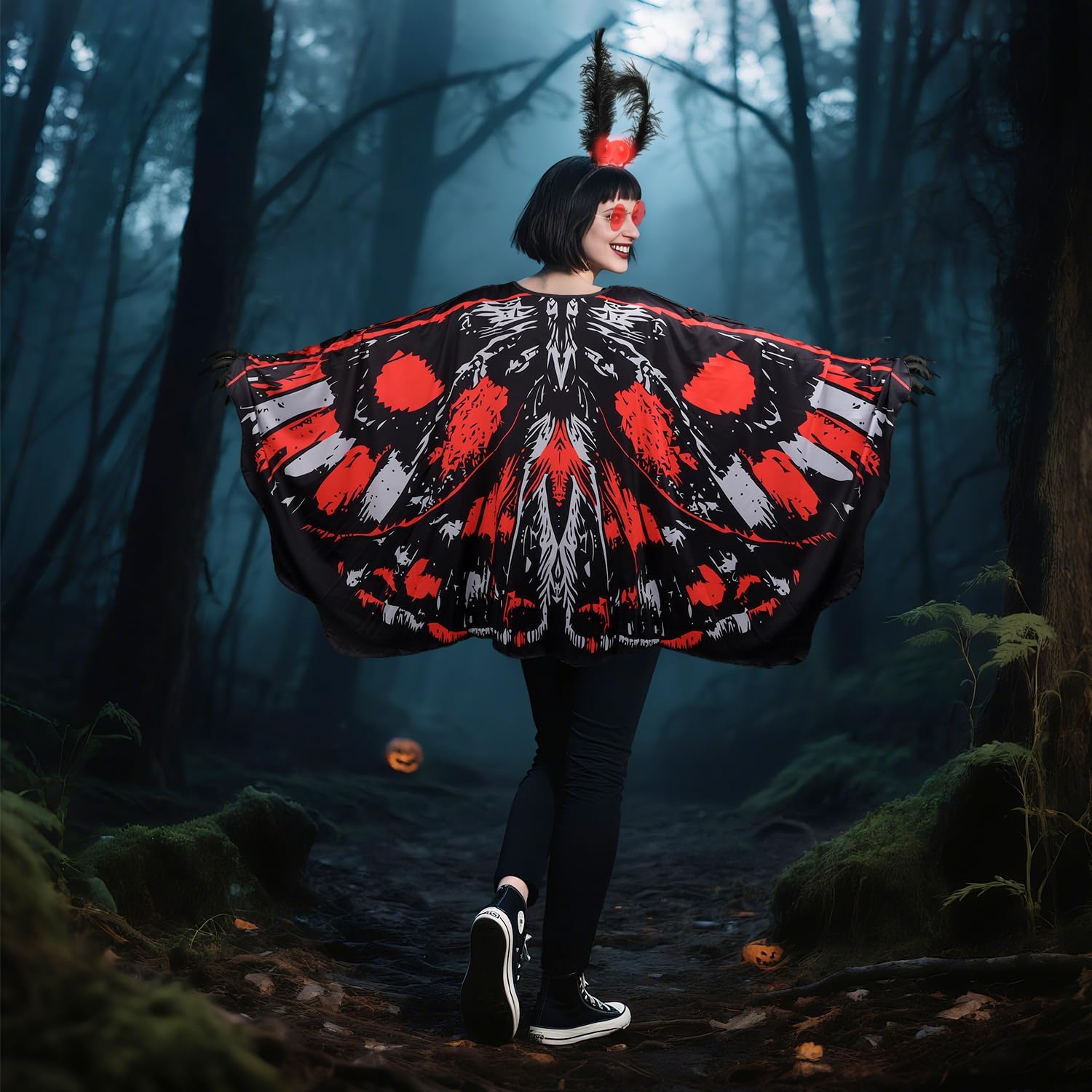 MOVINPE Mothman Costume for Adults Women – Halloween Cryptid Outfit with Wings Cape, Antennae Headband with LED Eyes, Red Glasses, Long-Sleeved Gloves Cosplay Party - Image 7