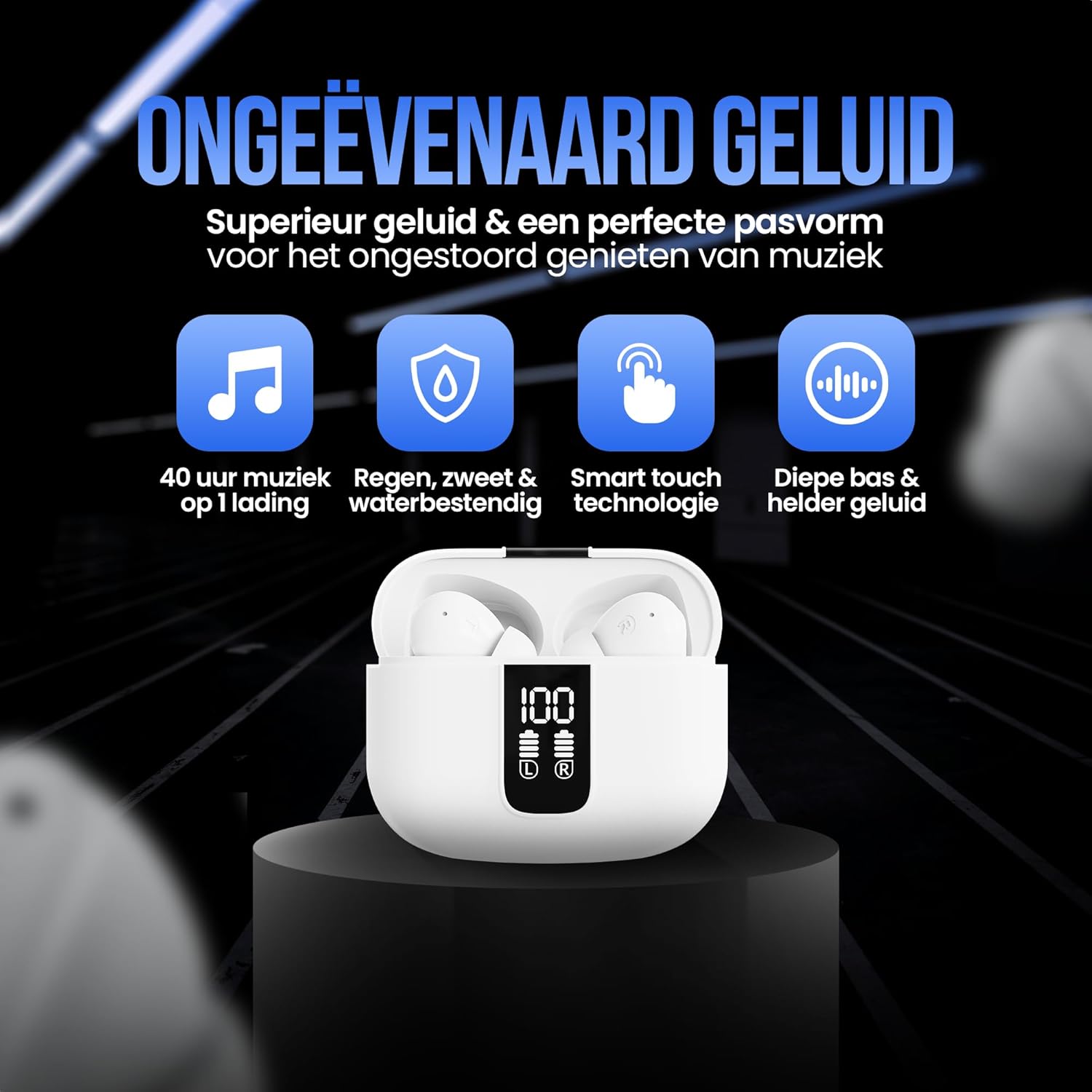 Strex Wireless Earbuds and charging case in white, showing the LED display on the case.