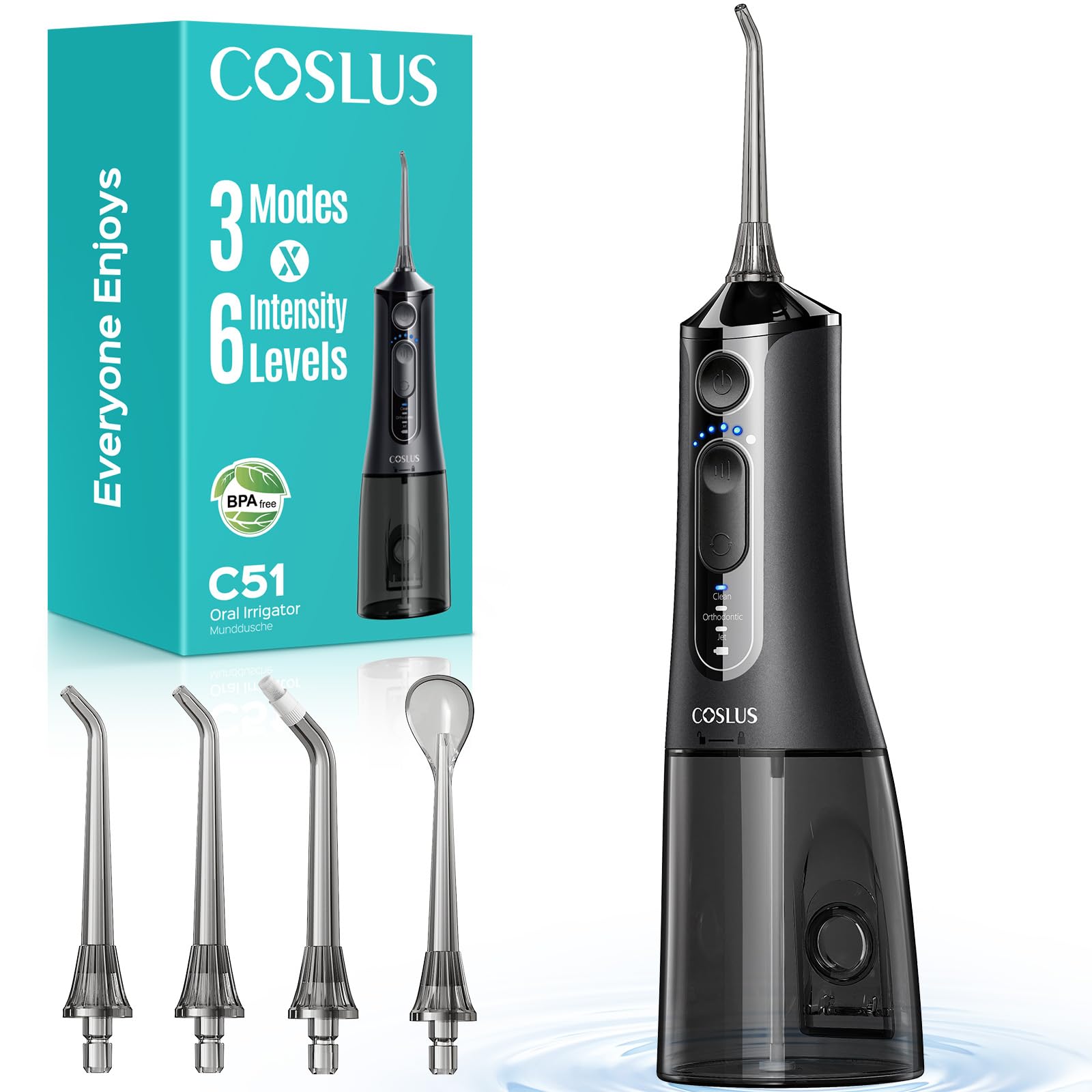 COSLUS C51 Munddusche Elektrische Kabellos Testsieger 2026: 3 Modi und 6 Druckeinstellungen - 300ML irrigator zähne für Oral Health Enthusiasten Benutzer mit empfindlichem Zahnfleisch - Kompakt Reisen