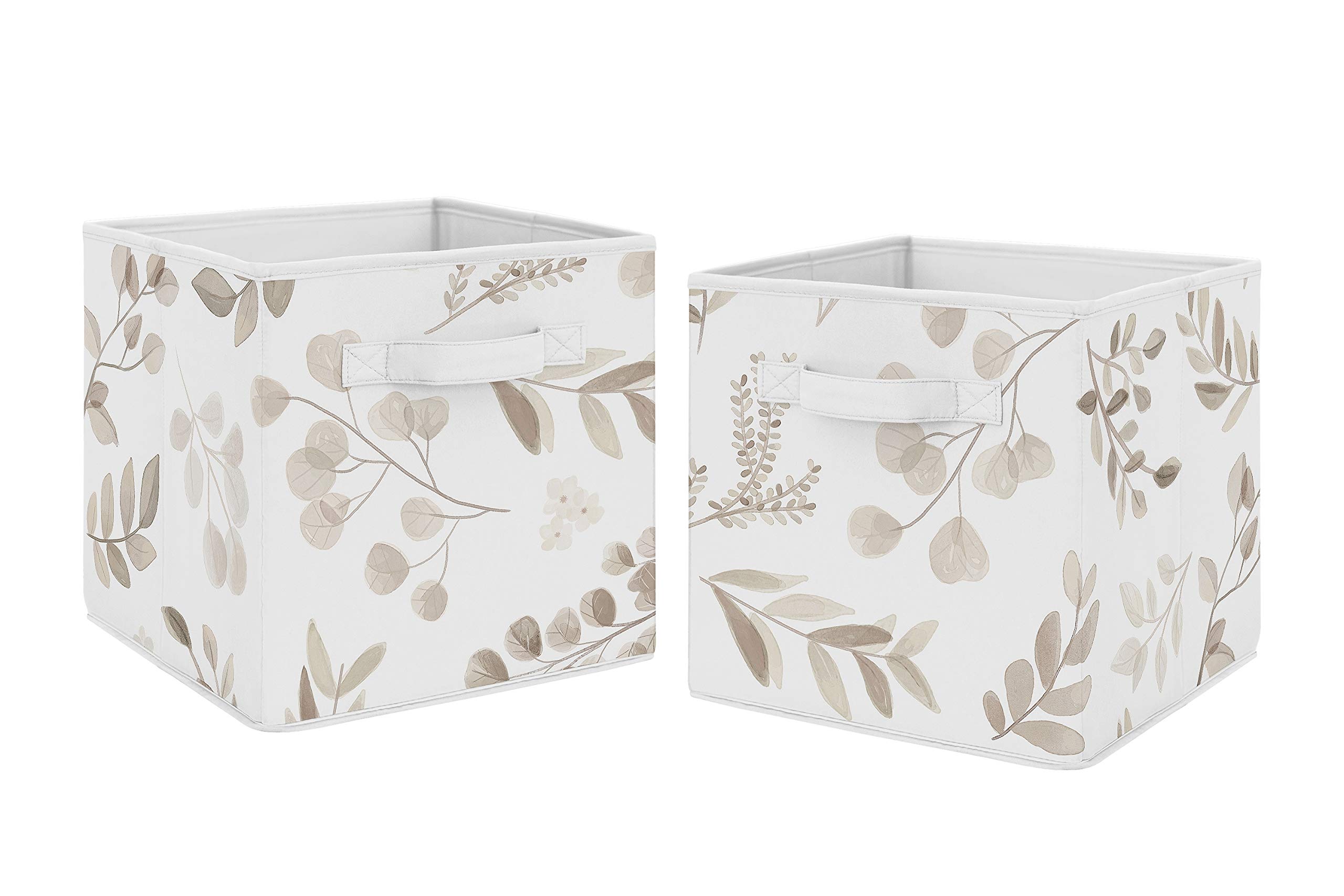 Sweet Jojo Designs Floral Leaf Foldable Fabric Storage Cube Bins Boxes Organizer Toys Kid Baby Children - Set of 2 - Ivory Cream Beige Taupe Gender Neutral Boho Watercolor Botanical Flower Woodland